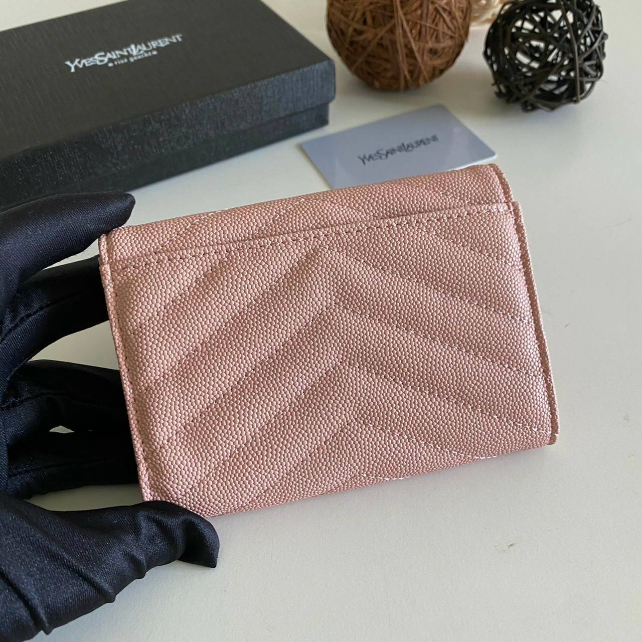 หนังแท้ 12cm YSL SAINT LAURENT GARD HOLDER Small Envelope Monogram Wallet