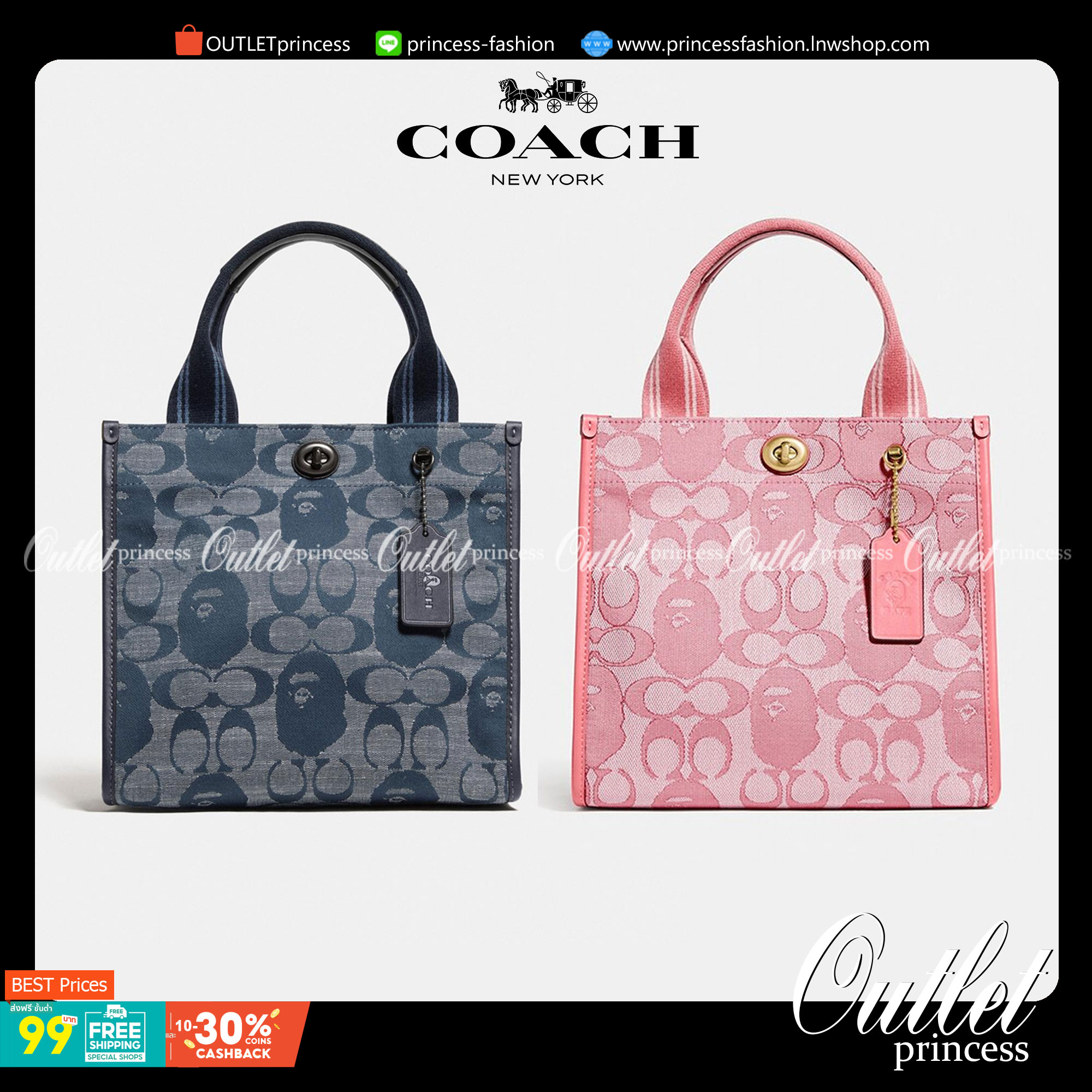 Coach Bape X Coach Tote 22 In Signature Jacquard กระเป๋าถือและครอสบอดี้โท้ทมินิไซส์ รุ่นใหม่สุดฮอต!! ใบจริงคือน่ารักม้ากกกก!! สวยอยู่ทรง มี 2 สี น่ารักน่าใช้ วัสดุหนังแคนวาส มาพร้อมหูจับในตัวและสายสะพายข้าง ถอดออกหิ้วเก๋ๆก็ได้ หรือสะพายถ่ายรูปชิคๆก็ดูดี ล