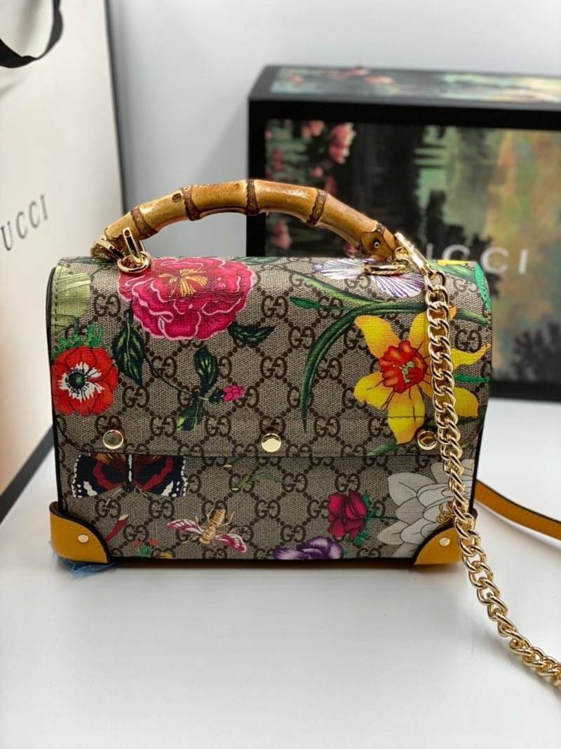 VIP 】หนังแท้ GUCCI MULTICOLOR SMALL GG FLORA BAMBOO PADLOCK BAG พร้อมส่งที่ไทย