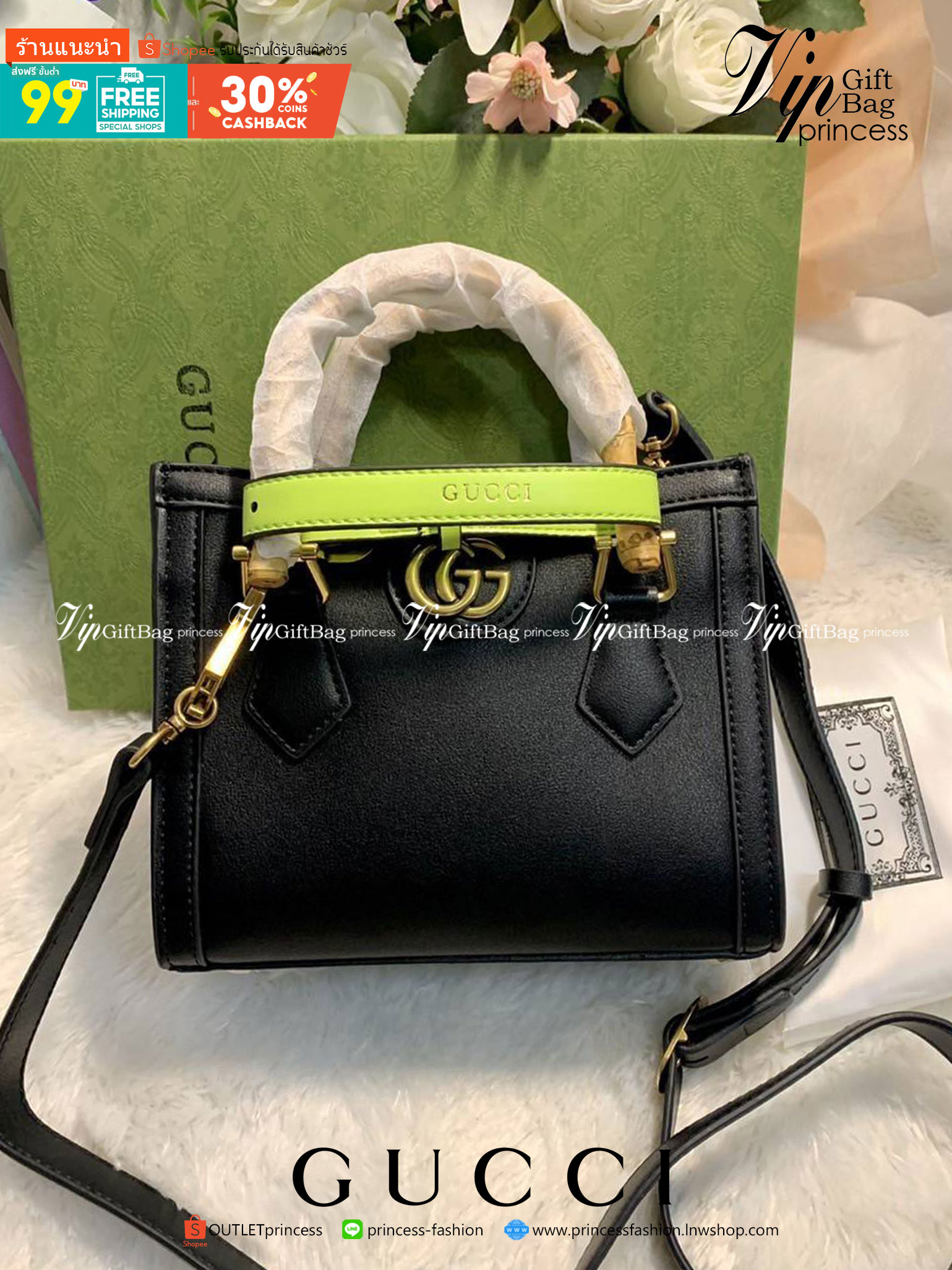 กระเป๋า GUCCI สไตล์งานหูไม้ไผ่ Size mimi รุ่น Gucci Diana Bag กระเป๋าสุดคลาสสิกดีไซน์มาใหม่พร้อมเข็ดขัดหนังสีสะท้อนแสงประดับตรงหูกระเป๋า กระเป๋าทรง tote วัสดุหนังแท้ (calfskin) อะไหล่ทอง ขนาดกำลังดี งานสวยตั้งอยู่ทรง มีสายสะพายยาว 1เส้น สามารถปรับระดับได้