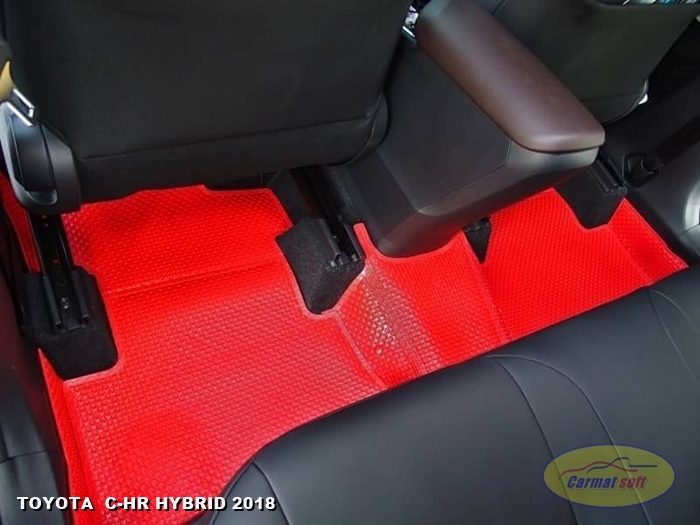 พรมปูพื้นรถยนต์ TOYOTA C-HR HYBRID 2018 กระดุมเม็ดเล็กรีดขอบ สีแดง เต็มคัน