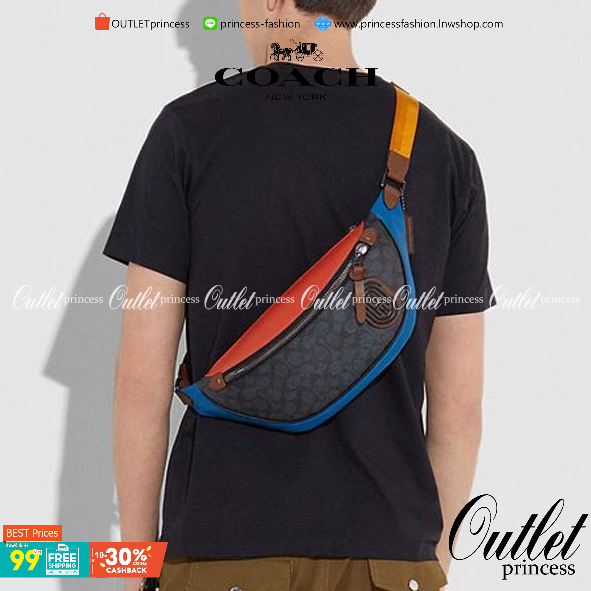 OUTTLET 】COACH RIVINGTON BELT BAG IN COLORBLOCK SIGNATURE CANVAS WITH COACH PATCH (962) รุ่นใบใหญ่จุใจ ใช้ได้ทั้งชายหญิง