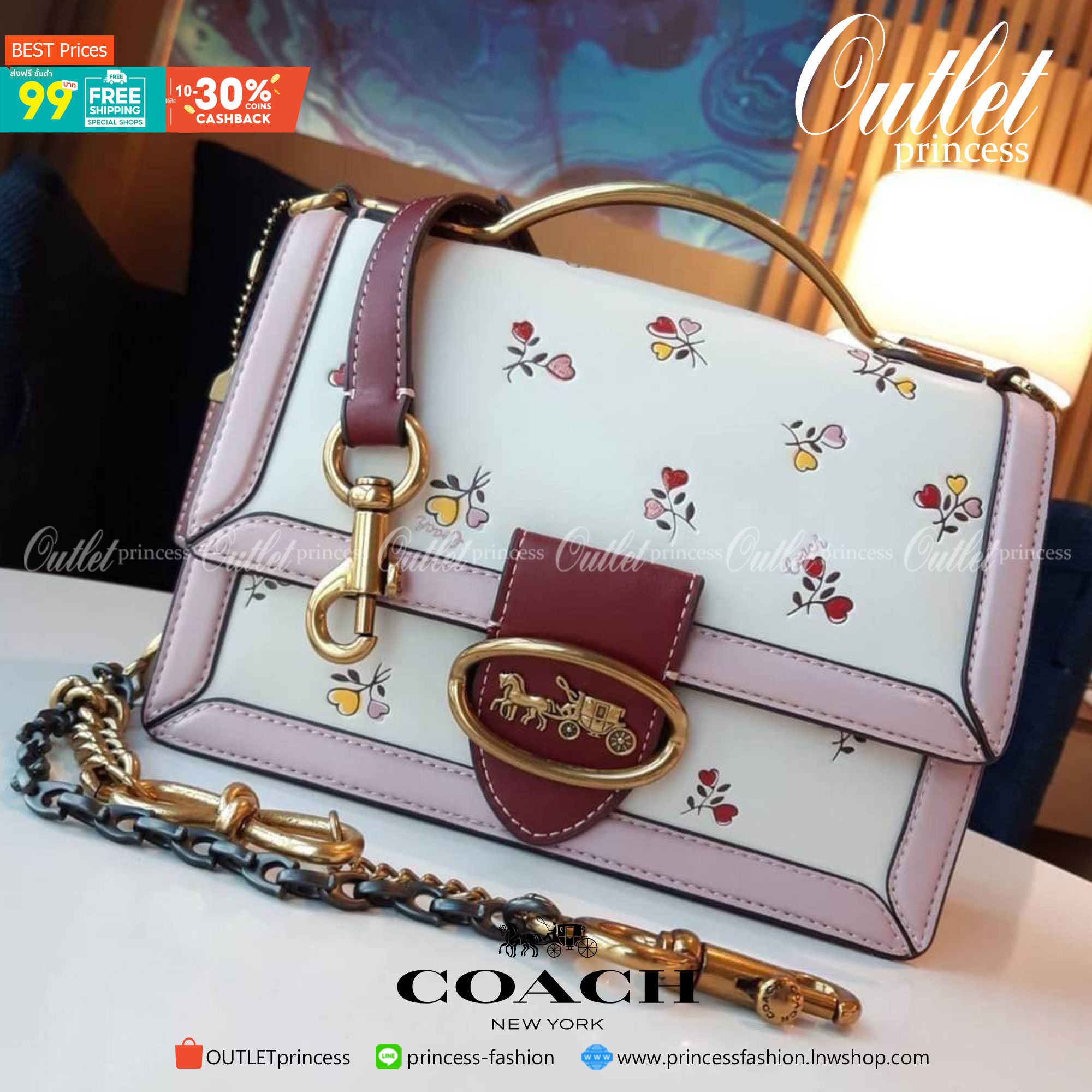 COACH RILEY TOP HANDLE 22 WITH HEART FLORAL PRINT กระเป๋าสะพายข้างดีไซน์คุณหนู เรียบหรู วัสดุหนัง glovetanned ทนทาน สวยอยู่ทรง เปิด-ปิดด้วยกระดุมแม่เหล็ก ภายในมีช่องแยกให้เยอะ สายสะพายน่ารักน่าใช้ ถอดออกได้ ตอบโจทย์สายหวานแน่นอนค่ารุ่นนี้