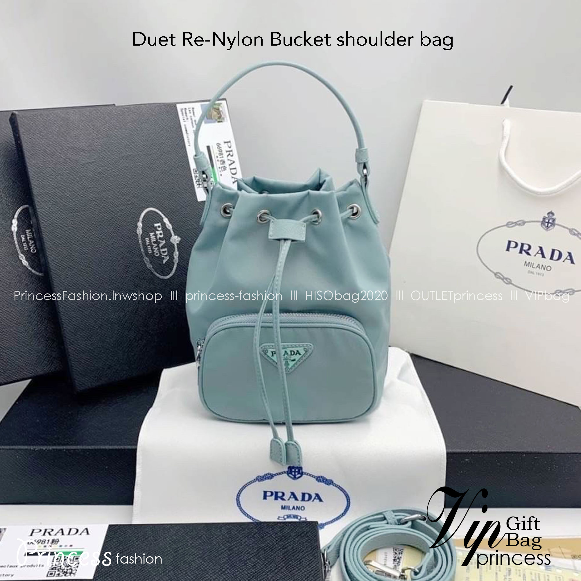 Prada Duet Re-Nylon Bucket shoulder bag / Prada Nylon bucket bag Pastel กระเป๋าสะพายข้าง ไซส์มินิ น้องทรงขนมจีบ น่ารัก น่าใช้ พร้อมสายยาว(ถอดได้) สีพาสเทลน่ารักละมุนมากๆ ค่ะ