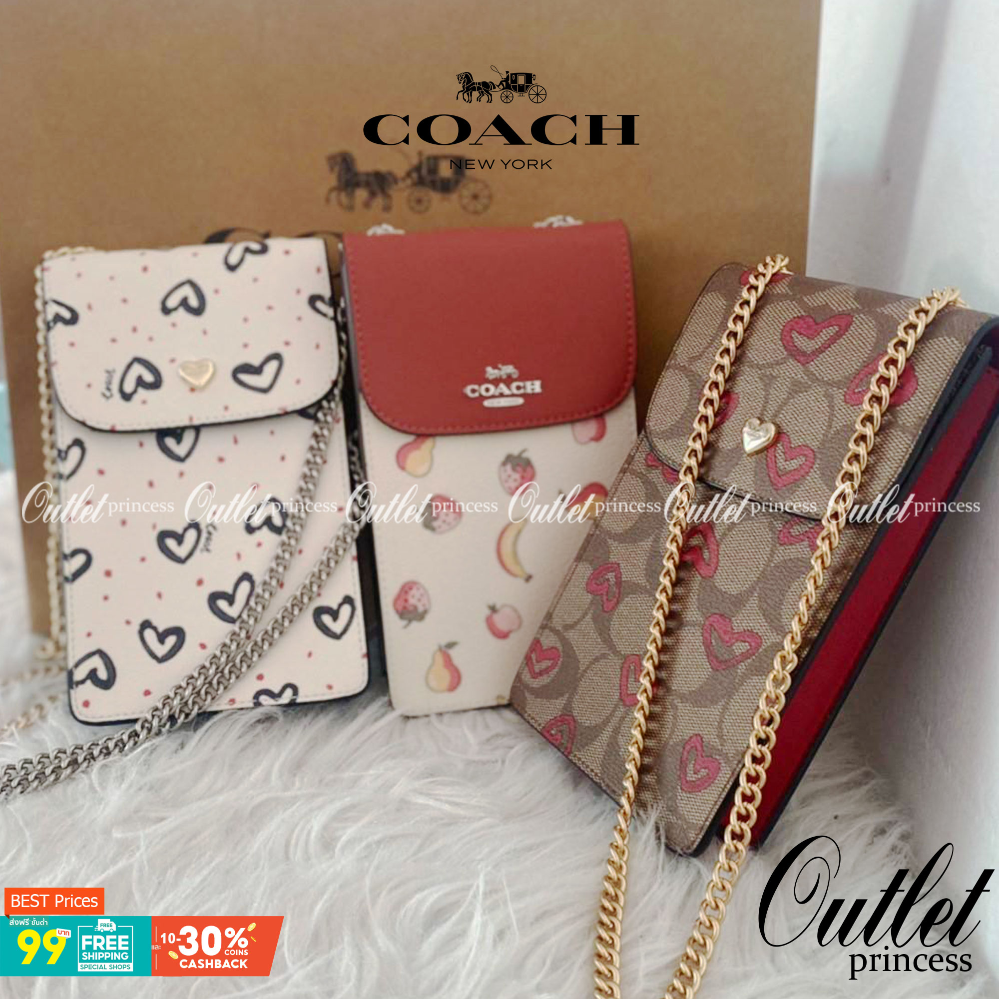COACH NORTH/SOUTH CROSSBODY IN SIGNATURE CANVAS แจกความสดใสกันอีกครั้ง!! กับกระเป๋าสะพายเอนกประสงค์ Case phone ใส่โทรศัพท์มือถือได้ทุกรุ่น ดีไซน์ลายผลไม้ฉ่ำๆ สวยมีเสน่ห์ 💖 วัสดุหนังแคนวาสคุณภาพ ฝาและภายในเป็นหนังแท้ เปิด-ปิดด้วยกระดุม สายสะพายยาวป