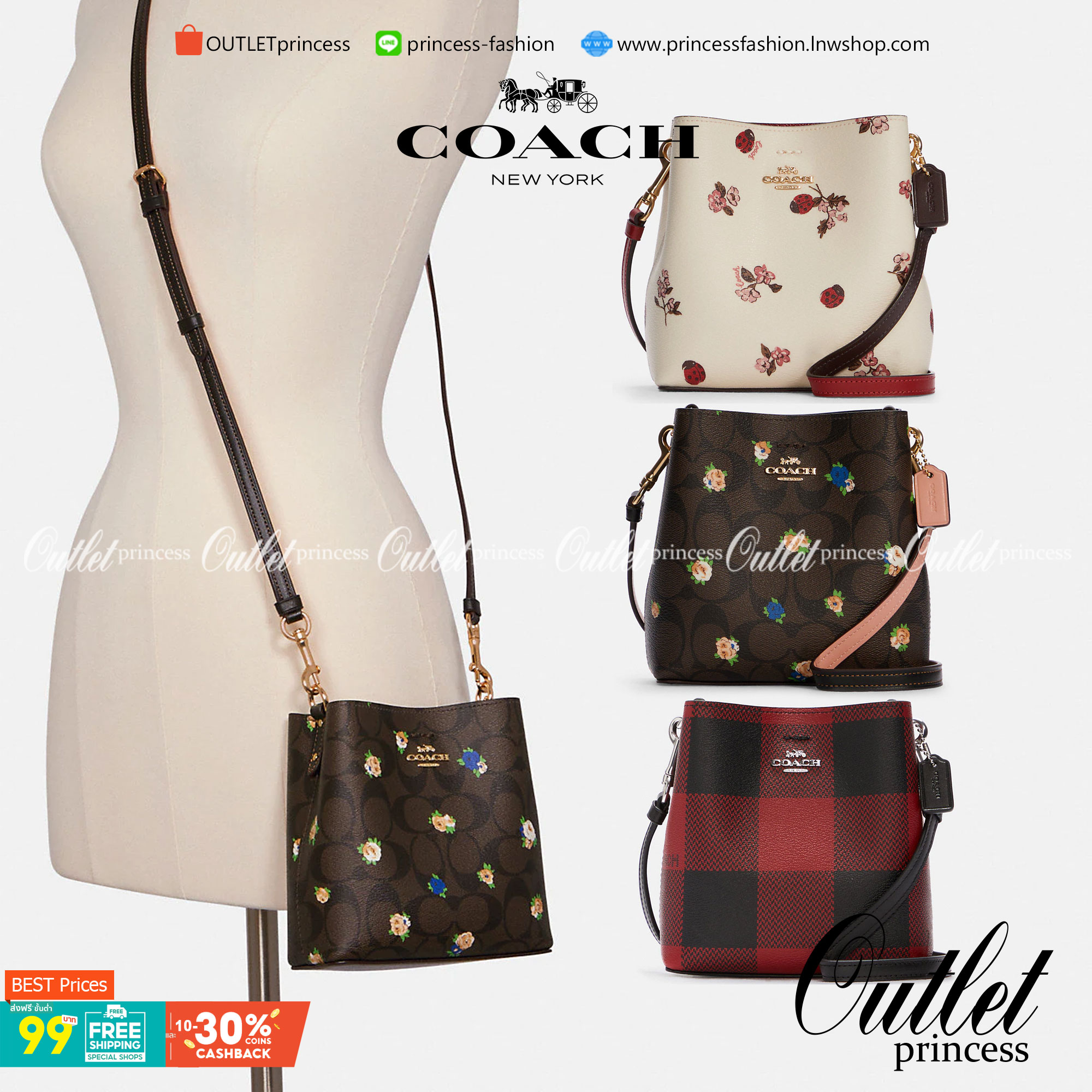 COACH MINI TOWN BUCKET BAG IN SIGNATURE CANVAS WITH VINTAGE MINI ROSE PRINT ((7270 7268 7267)) คอลเลคชั่นใหม่ล่าสุด!! น้องสาวคนสวยมาแล้วจ้า สดใสต้อนรับเทศกาลคริสต์มาส 🎅🎄 กระเป๋าบัคเก็ต ไซส์มินิ ใบจริงน่ารักม้าก!! น่าใช้แบบที่สุด วัสดุหนังแ