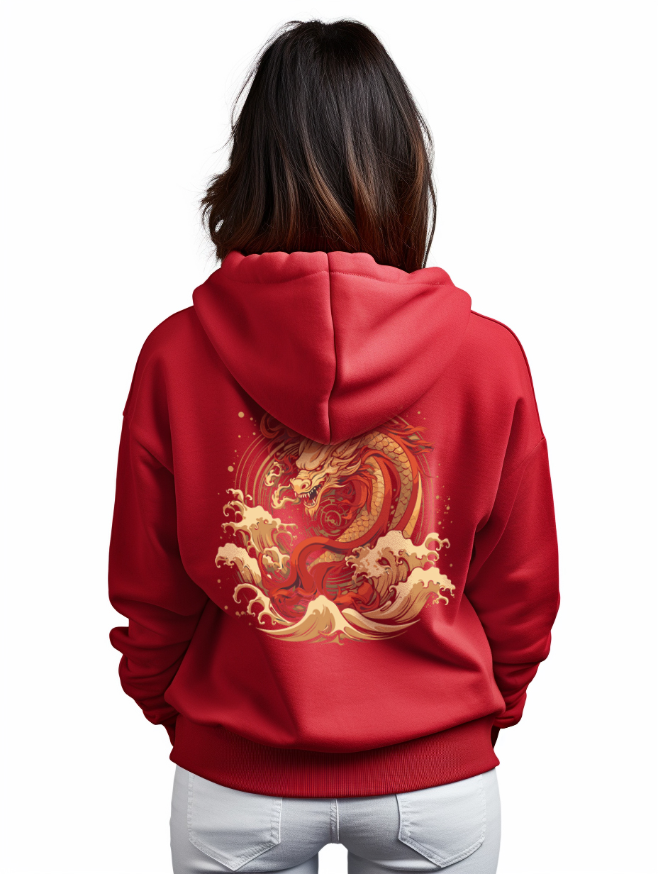 เสื้อฮู้ดตรุษจีนสีแดง มังกรทอง