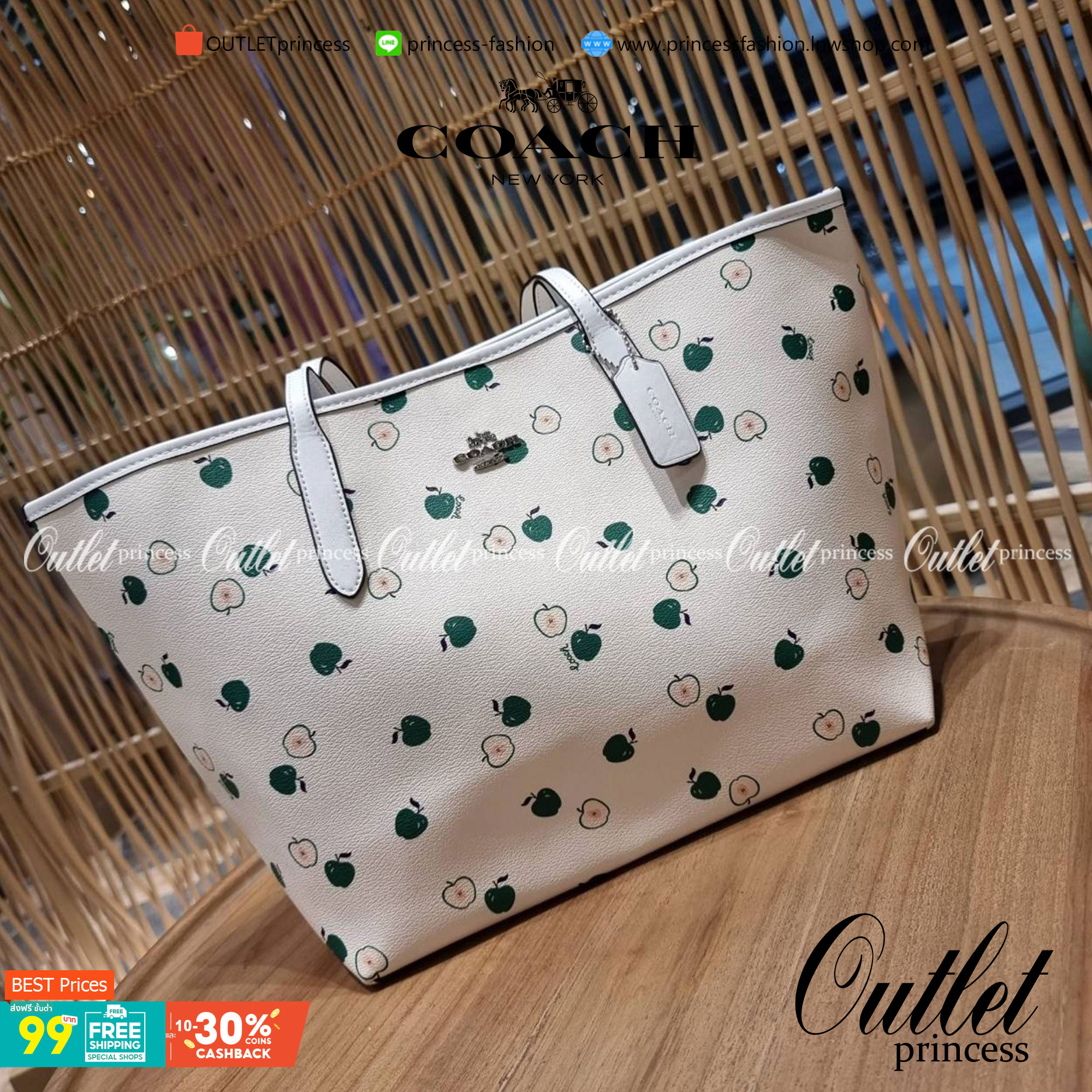 COACH C4119 CITY TOTE WITH APPLE PRINT แจกความน่ารักสดใส ด้วยเหล่าแอปเปิ้ลเขียวที่ยกมาทั้งสวน!! ดีไซน์ดึงดูดความสนใจได้ดีเลยทีเดียว กระเป๋าทรงช็อปปิ้งใบใหญ่ ที่จุยิ่งกว่าจุ!! ใส่เสื้อผ้าไปต่างจังหวัดยังได้ เพราะภายในโล่งกว้างมาก วัสดุหนังแคนวาสเคลือบลาย ท