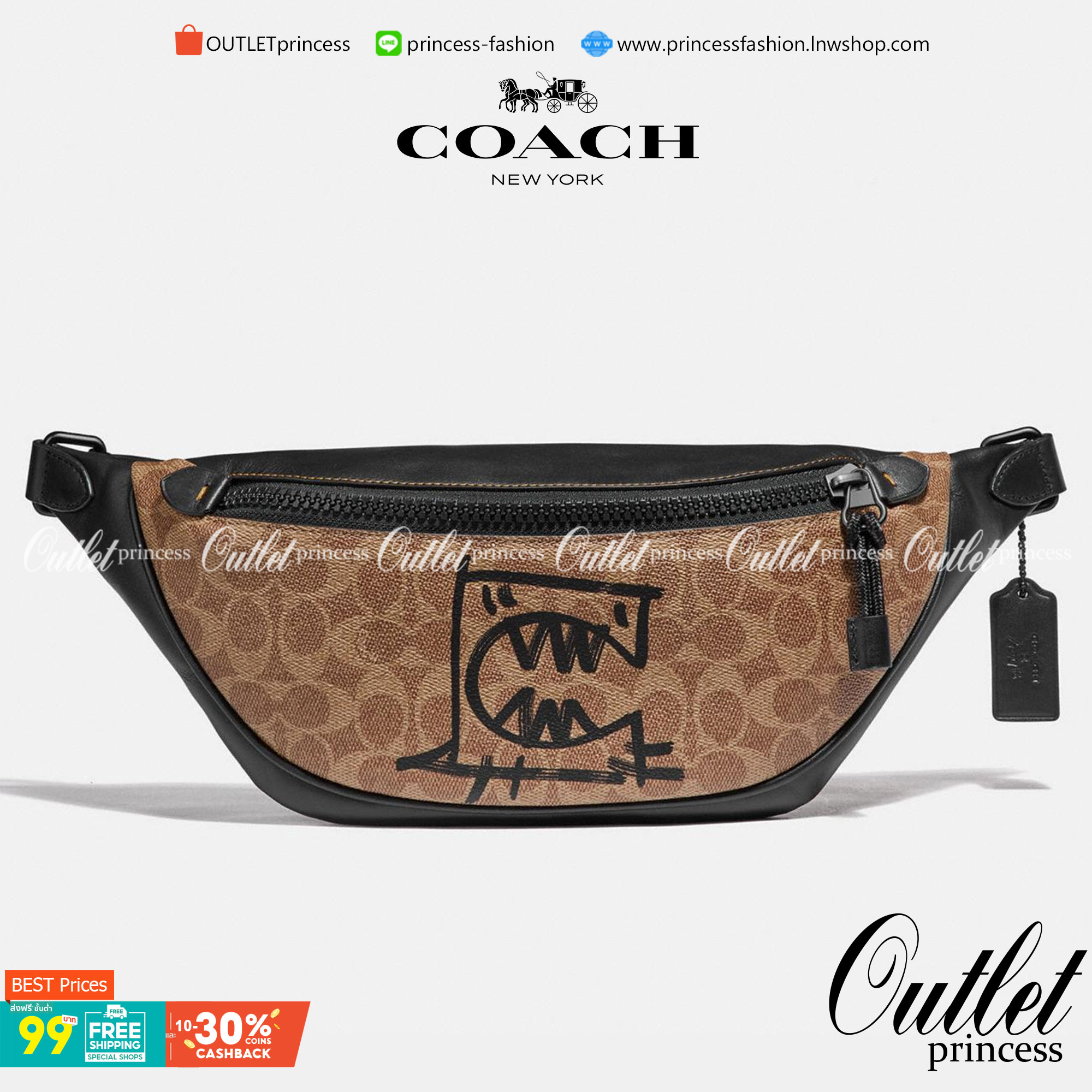 OUTTLET 】COACH Rivington Belt Bag In Signature Canvas With Rexy By Guang Yu (75761) กระเป๋าคาดอก หนังแท้เรียบ นิ่มสวย ด้านหน้าเด่นด้วยลายปริ้นท์เก๋เท่ มากๆค่ะ มีช่องซิปหลักให้2ช่องใส่ของได้จุเลยนะคะ สายคาดเลื่อนปรับแบบฟรีไซด์ค่ะ 📌ใบจริงสวย สะพายวั