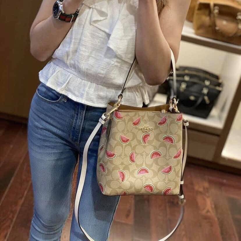 OUTTLET 】COACH SMALL TOWN BUCKET BAG IN SIGNATURE CANVAS WITH WATERMELON PRINT