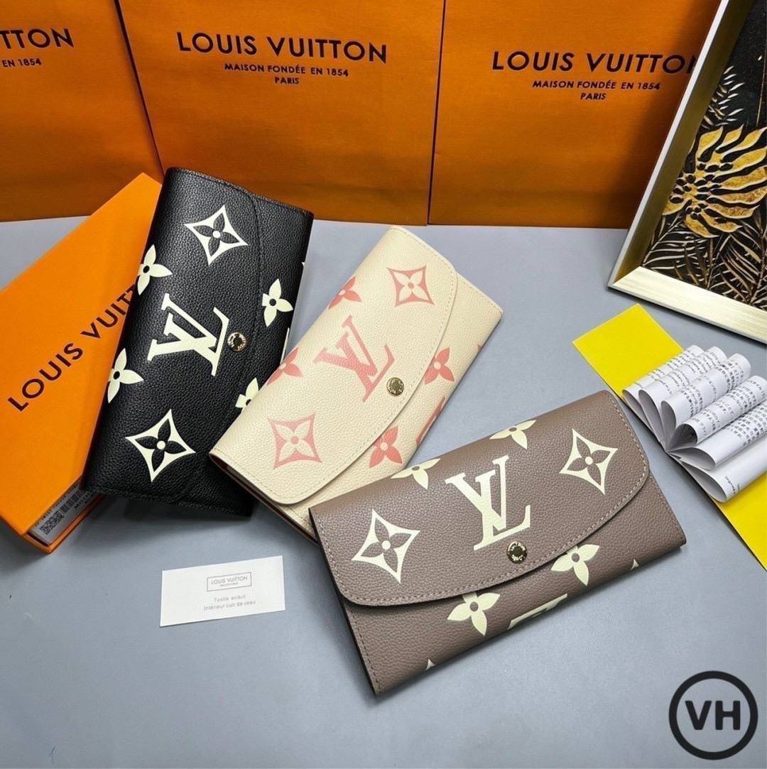 ORI หนังแท้ | LV Emilie Wallet Bicolor Monogram Empreinte Leather / LV Long Wallet กระเป๋าสตางค์ใบยาวสไตล์ซองจดหมายที่มีฝาปิดแบบพับได้ ปิดด้วยกระดุมแป๊ก