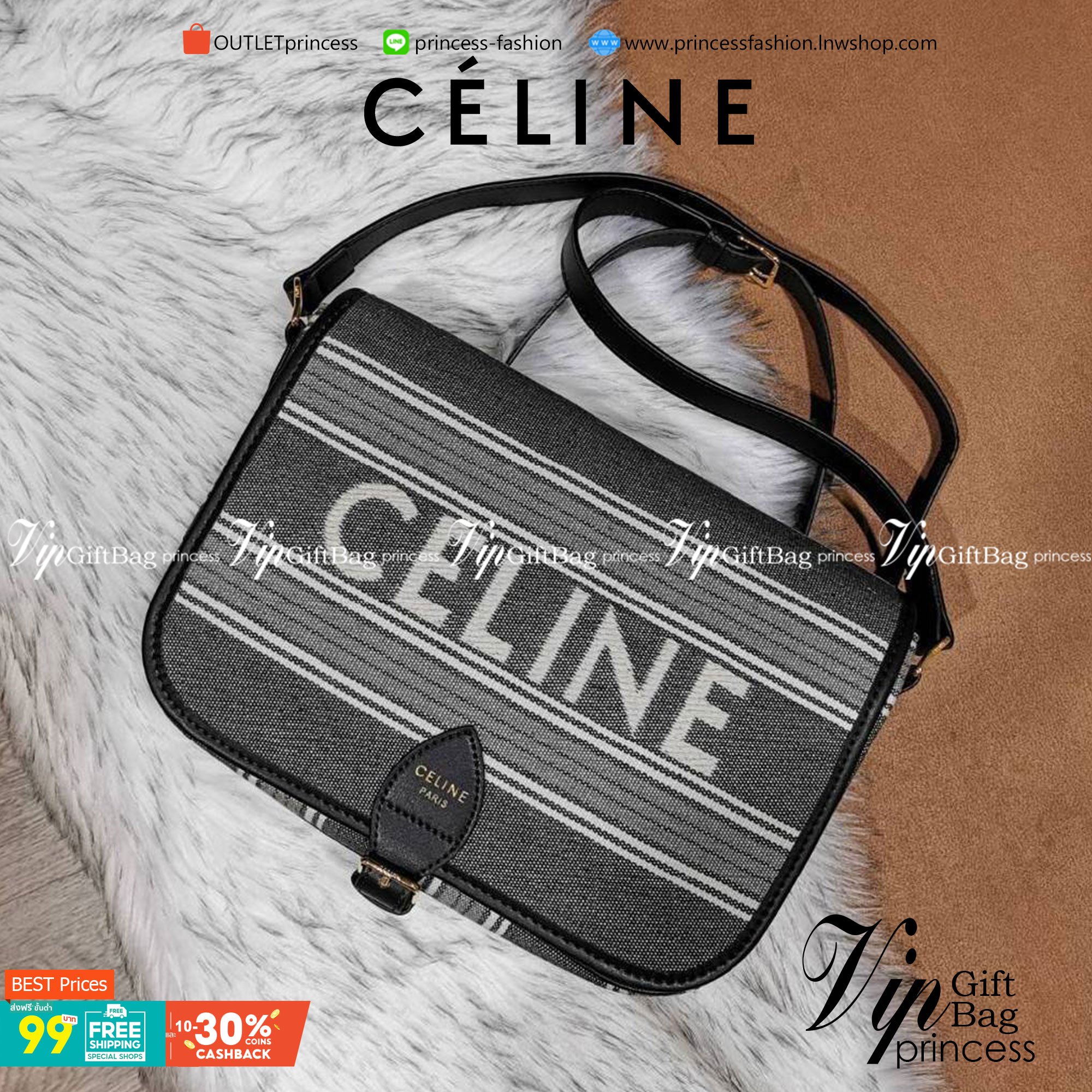 CELINE MESSENGER BAG VIP GIFT WITH PURCHASE (GWP) พรีเมี่ยมกิ๊ฟรุ่น Limited จาก CELINE HAUTE PARFUME DUTYFREE COUNTER วัสดุ CANVAS TEXTILE ลายทางสีคลาสสิคดีไซน์ Unisex ใช้ได้ทั้งชายและหญิง เปิดปิดด้วยฝาปิด Belt และแถบแม่เหล็กด้านใน ขนาดกำลังดี น้ำหนักเบา 