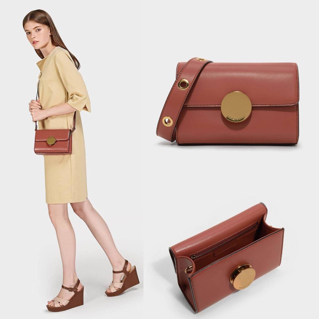 CHARLES AND KEITH CIRCULAR BUCKLE CROSSBODY BAG กระเป๋าสะพายครอสบอดีทรงคลัช ใบเล็กหนังเรียบสวย กระเป๋าสะพาย crossbody หนัง PU เรียบสวย สามารถถอดสายถือแบบคลัชได้ ด้านหน้าประดับด้วยตัวล็อค สุดเก๋ เป็นแผ่นกลมสีทองและสีเงิน ปั๊มแบรนด์ มาพร้อมสายสะพาย สามารถปร