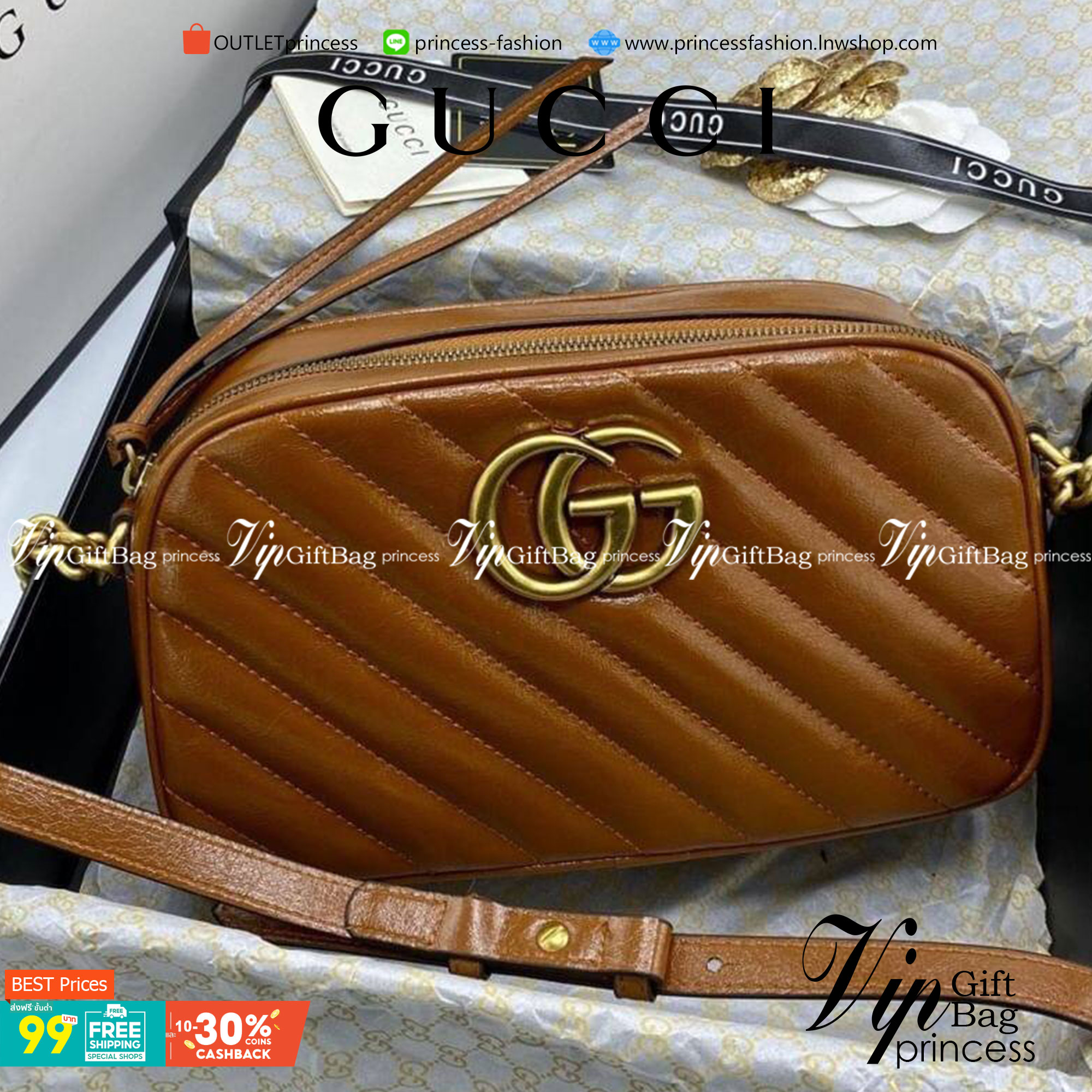 VIP 】หนังแท้ GUCCI GG Marmont small matelassé shoulder bag พร้อมส่งที่ไทย The small GG Marmont chain shoulder bag has a softly structured shape and a zip top closure with the Double G hardware. The chain shoulder strap has a leather shoulder detail. Made 
