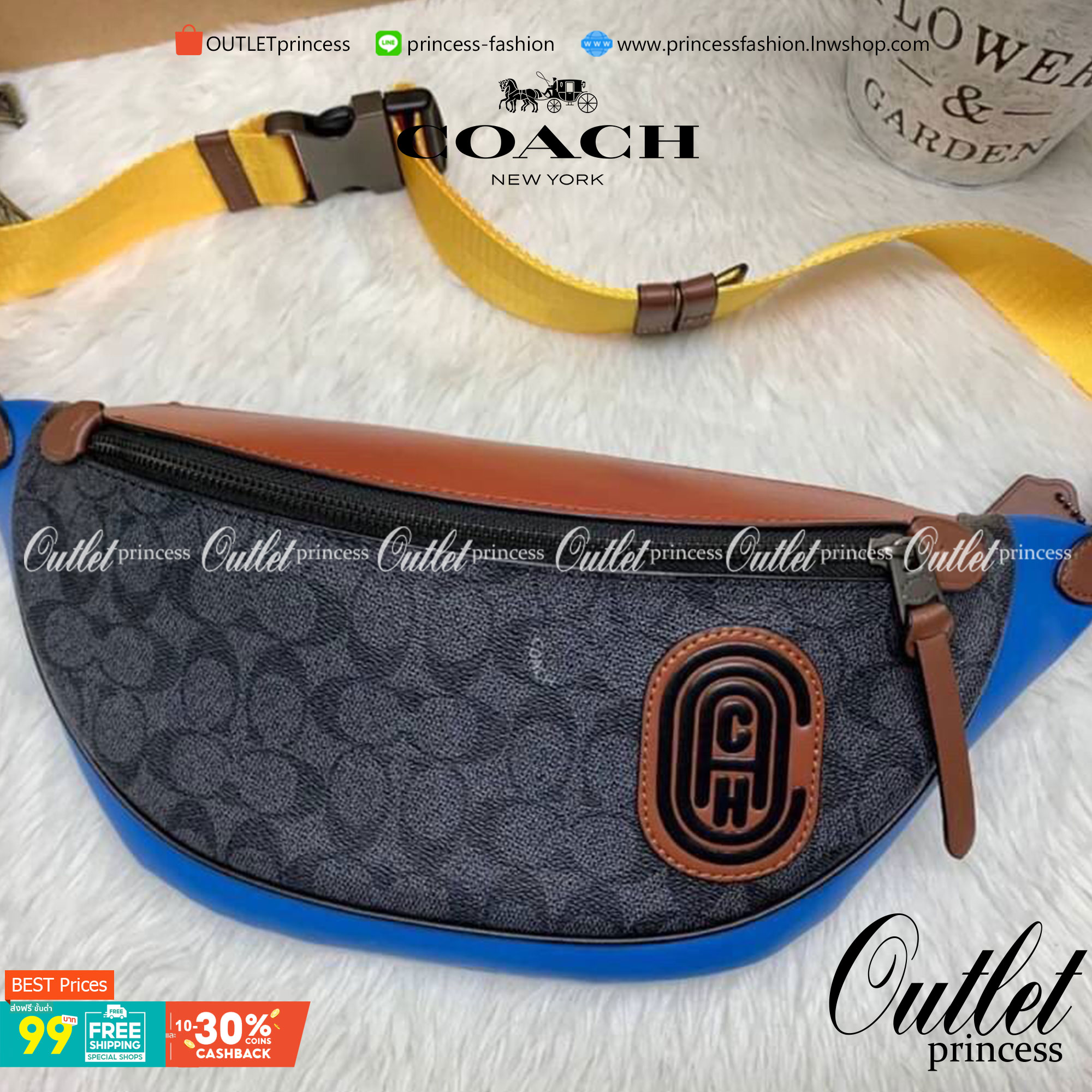 OUTTLET 】COACH RIVINGTON BELT BAG IN COLORBLOCK SIGNATURE CANVAS WITH COACH PATCH (962) รุ่นใบใหญ่จุใจ ใช้ได้ทั้งชายหญิง