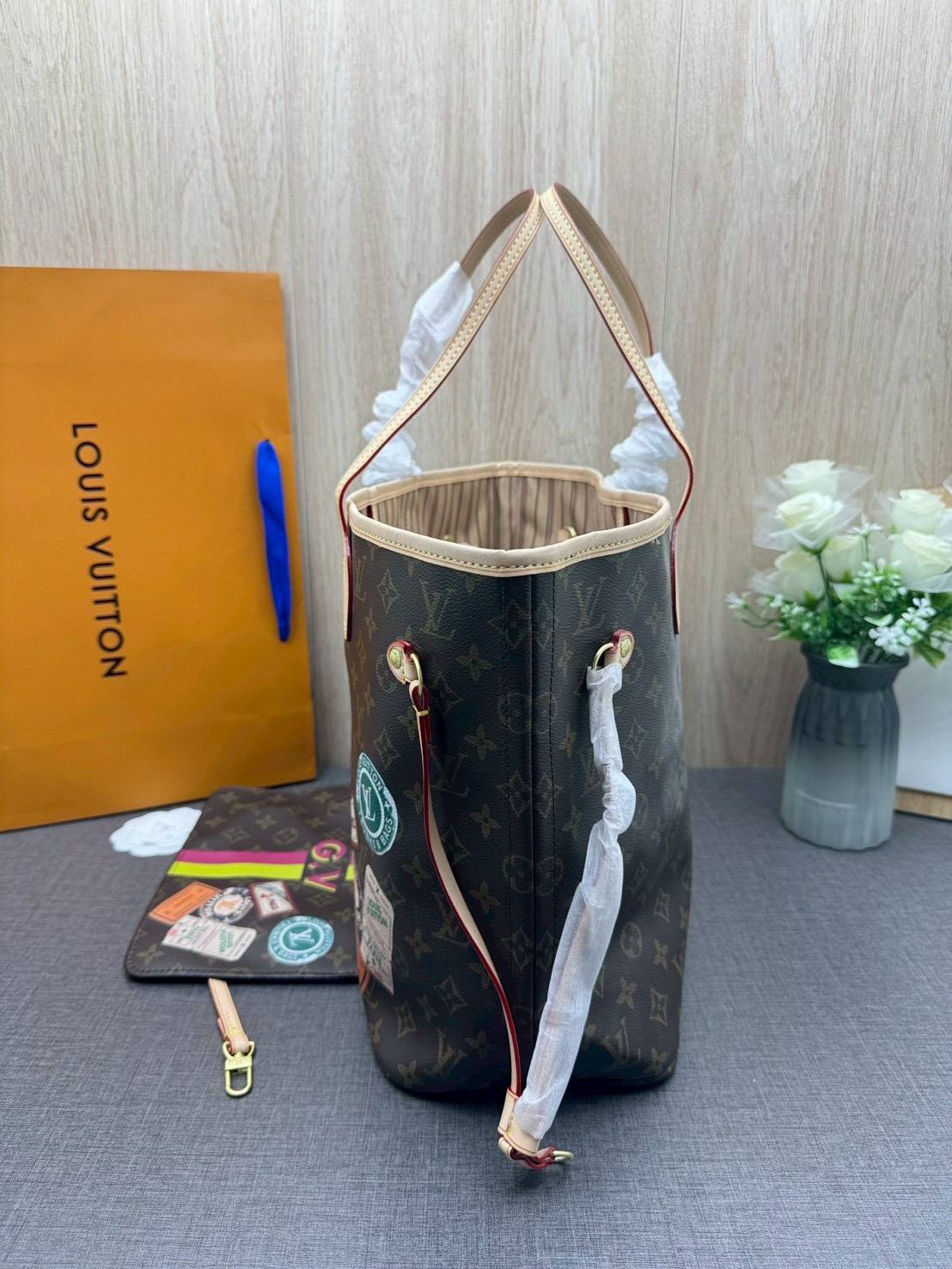 ORI หนังแท้ | LV Neverfull MM Mon Monogram Meridian / LV Tote Bag กระเป๋าสะพายทรงโท้ทใบใหญ่ ลายทางคาดหน้าสไตน์ท่องเที่ยว