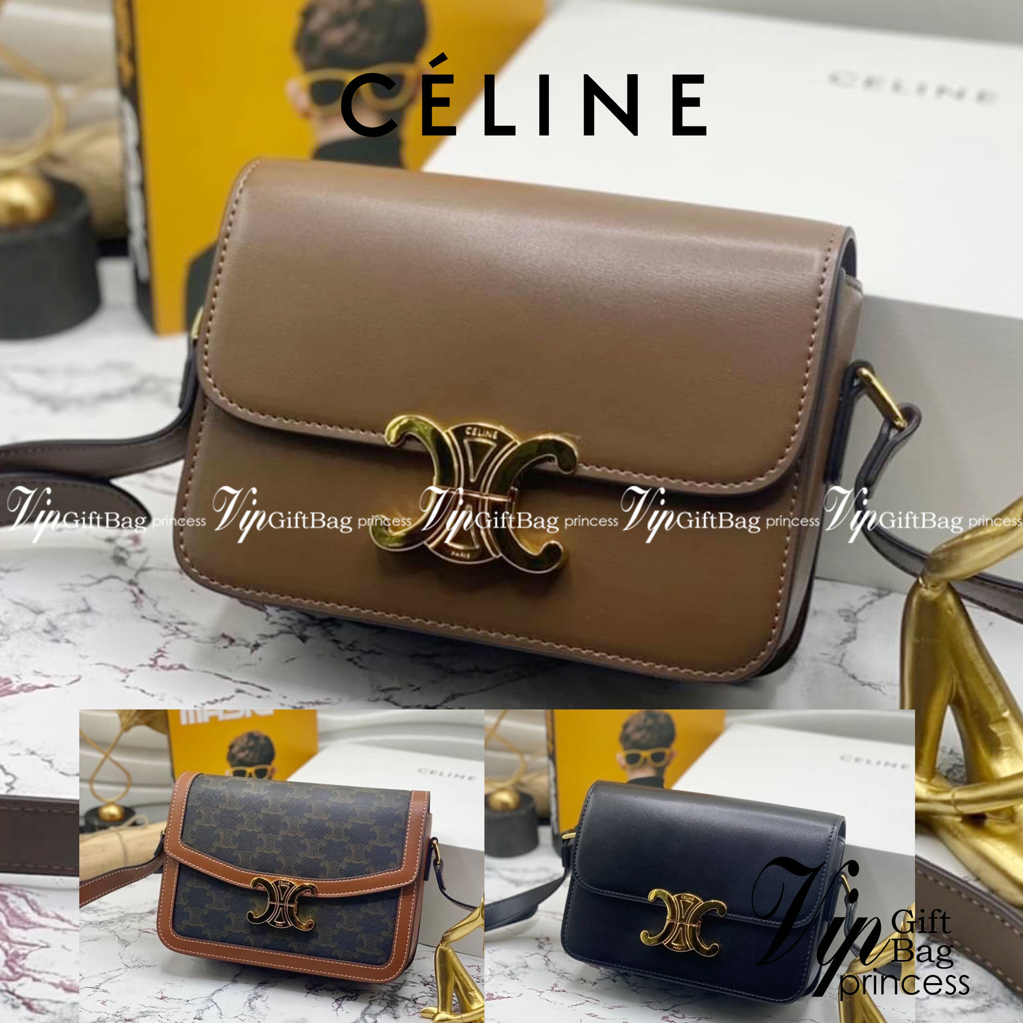 CELINE TRIOMPHE CROSSBODY BAG / CELINE TEEN ดีไซน์ยอดนิยมสไตล์ LISA ทรงสี่เหลี่ยมหนังสวยหรูอยู่ทรงเปิดปิดด้วยฝาปิดโลโก้แบรนด์อะไหล่ทอง ภายในมีช่องหลัก ช่องย่อย และช่องซิป สามารถใส่มือถือของใช้จุกจิกได้เยอะ มาพร้อมสายสะพายหนังยาวปรับระดับได้ จะสะพายไหล่ CR