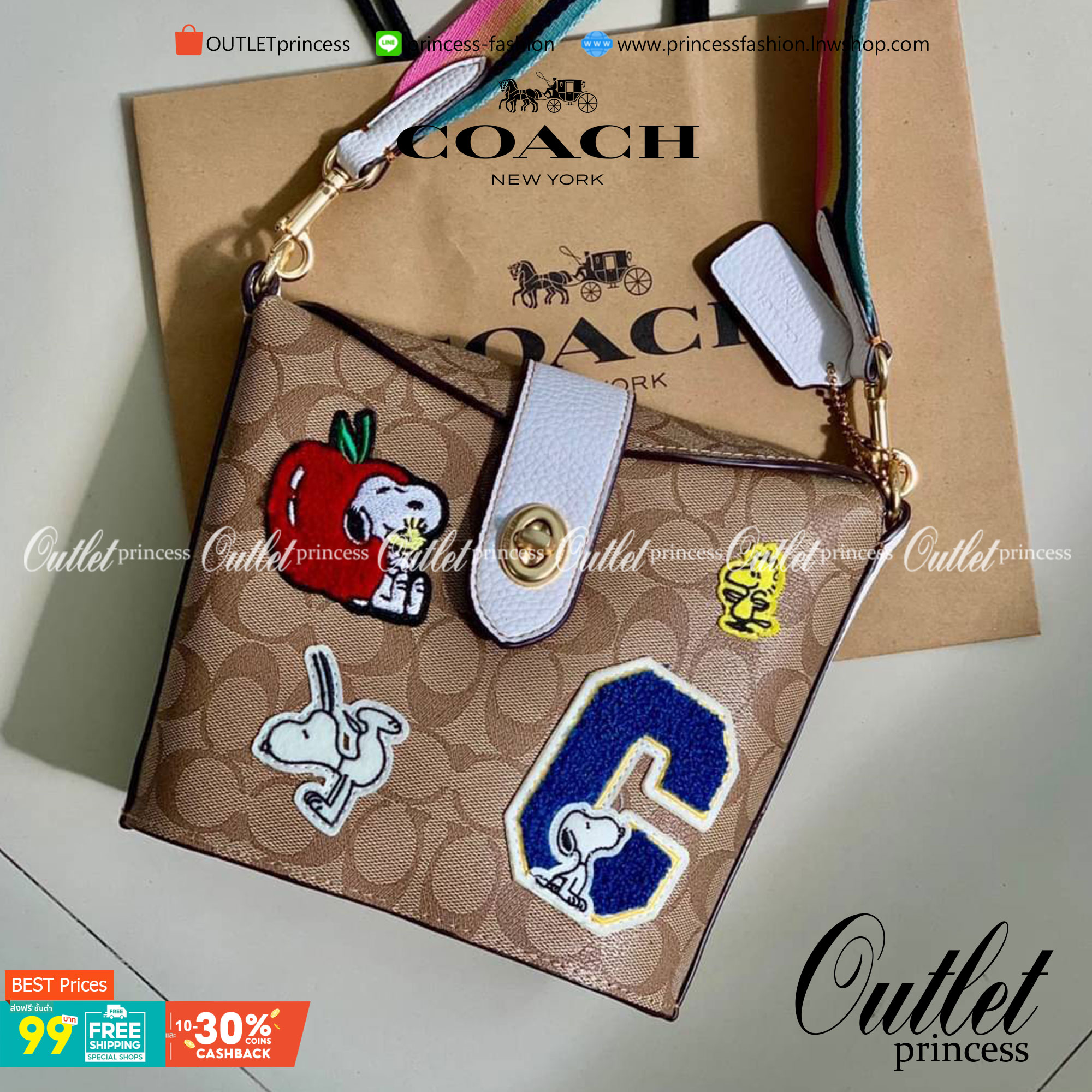 COACH C4113 - COACH X PEANUTS ADDIE CROSSBODY IN SIGNATURE CANVAS WITH VARSITY PATCHES พร้อมส่งทันที่! ลิมิเตทจาก Coach x Peanuts ที่รังสรรค์ลวดลายการ์ตูนลงบนกระเป๋าได้ซุกซนน่ารักดีมากๆค่ะ