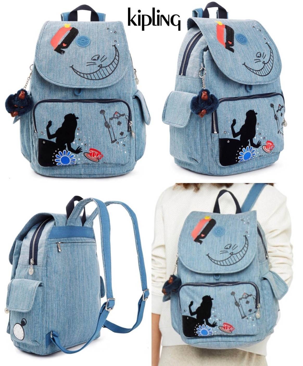 Kipling Disney's Alice in Wonderland Printed Backpack กระเป๋าเป้ Limited คอลเลคชั่น ALICE วัสดุ Denim+Polyester 100% เปิดปิดด้วยฝาปิด กระดุมแม่เหล็ก และซิปรอบ มาพร้อมพวงกุญเเจลิง ถอดเเยกใช้ได้ มีช่องซิปด้านหน้า และด้านหลัง พร้อมช่องใส่ของด้านข้าง 2 ด