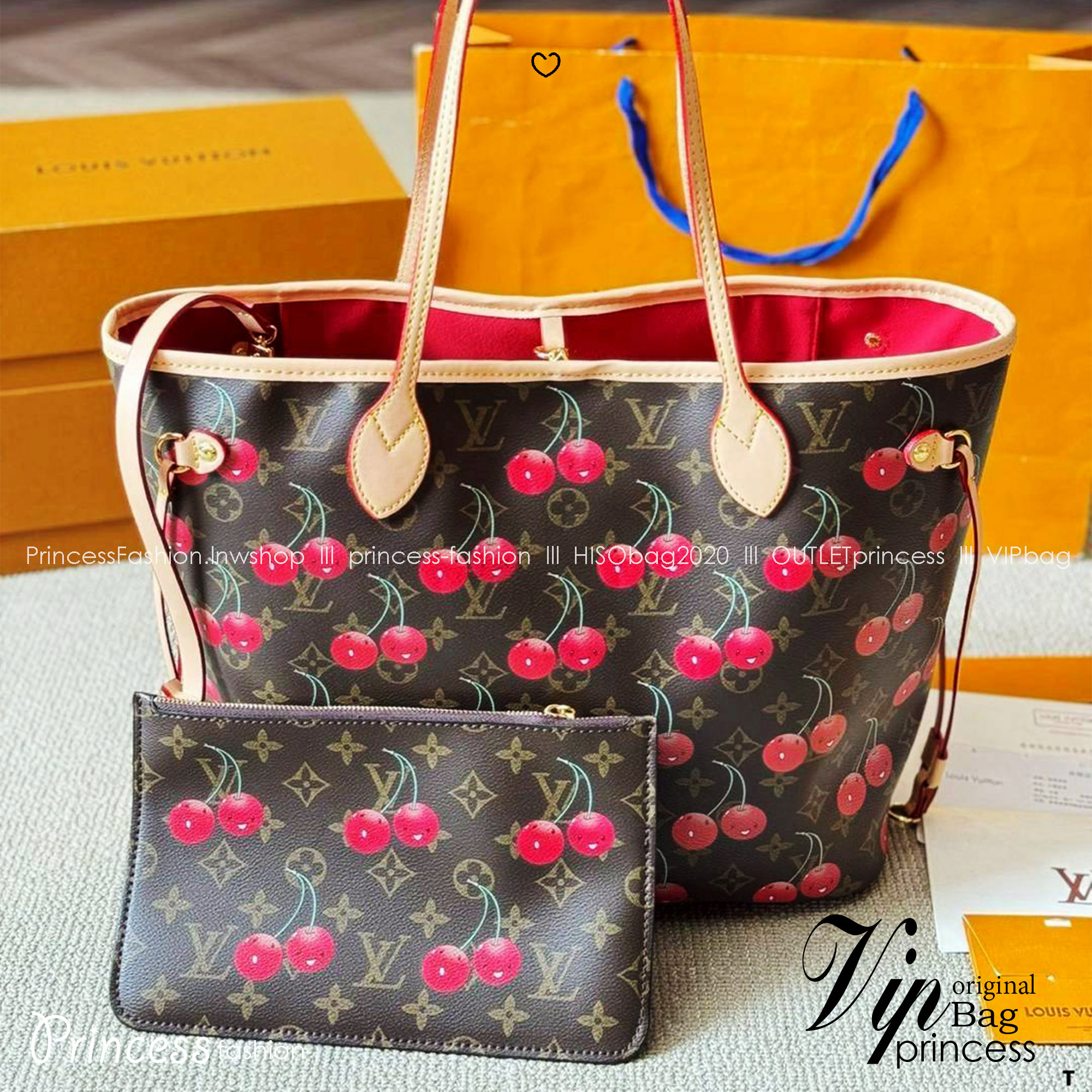 LV x TM Neverfull MM Bag Monogram cherry canvas กระเป๋าสะพายทรงโท้ท ปรับลุคให้มีชีวิตชีวาตกแต่งดีเทลลายเชอร์รี่สีสันสดใส เสริมลุคเรียบหรูเหนือกาลเวลาสมบูรณ์แบบ