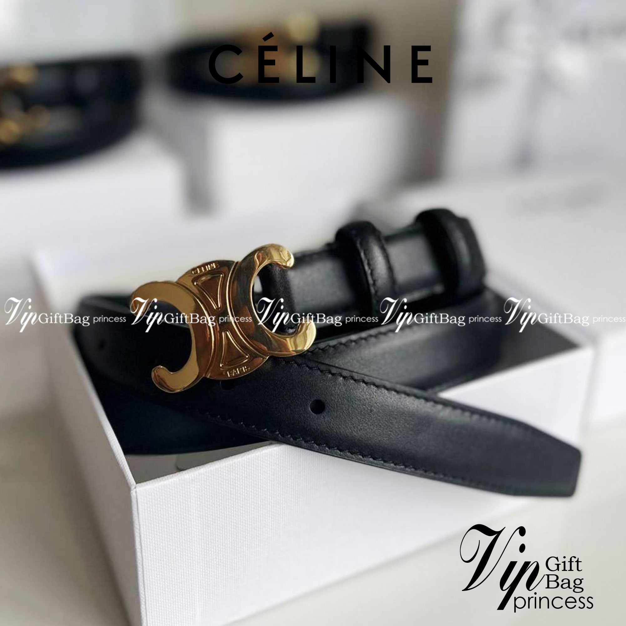 หนังแท้ CELINE BELT LOGO 25MM / Celine Vintage Logo Leather Belt ออริจินอลเกรด 1:1 หนังแท้ หัวเข็มขัดโลโก้แบรนด์แบบ 3D Vintage สีทอง ปั้มโลโก้คมชัดคล้ายของจริง สายปรับระดับได้ในดีไซน์เรียบหรูเข้ากับทุกลุ๊คใช้ได้ทั้งชายหญิง สินค้ามาพร้อม Original Package ม