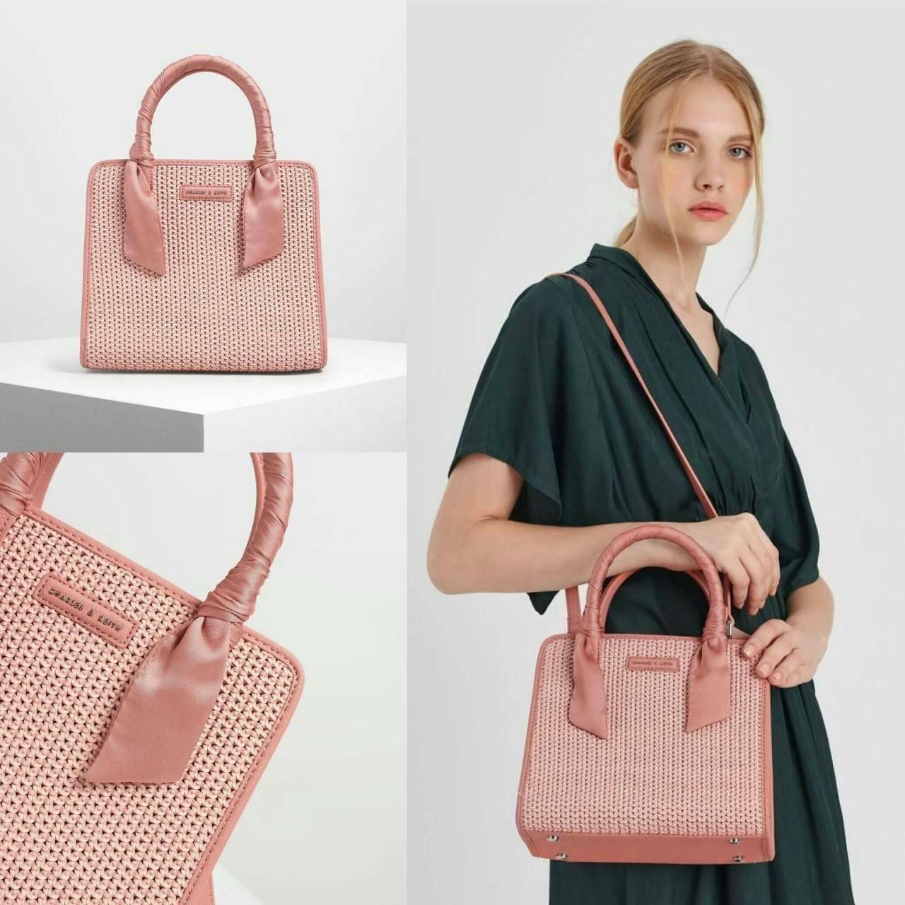CHARLES & KEITH SATIN SCARF WRAPPED WOVEN BAG กระเป๋าถือ/สะพายอยู่ทรง มีผ้าพันหูกระเป๋าให้ 1 เส้น มีหมุดรองฐานทั้ง 4 มุม ที่ด้านหน้าทำ texture สวยงาม เปิดปิดด้วยกระดุมแม่เหล็ก ด้สนในมีช่องซิปเล็ก 1 ช่อง รุ่นนี้จุของได้เยอะ ใส่ iPad mini ได้สบายๆค่า สายสะพ