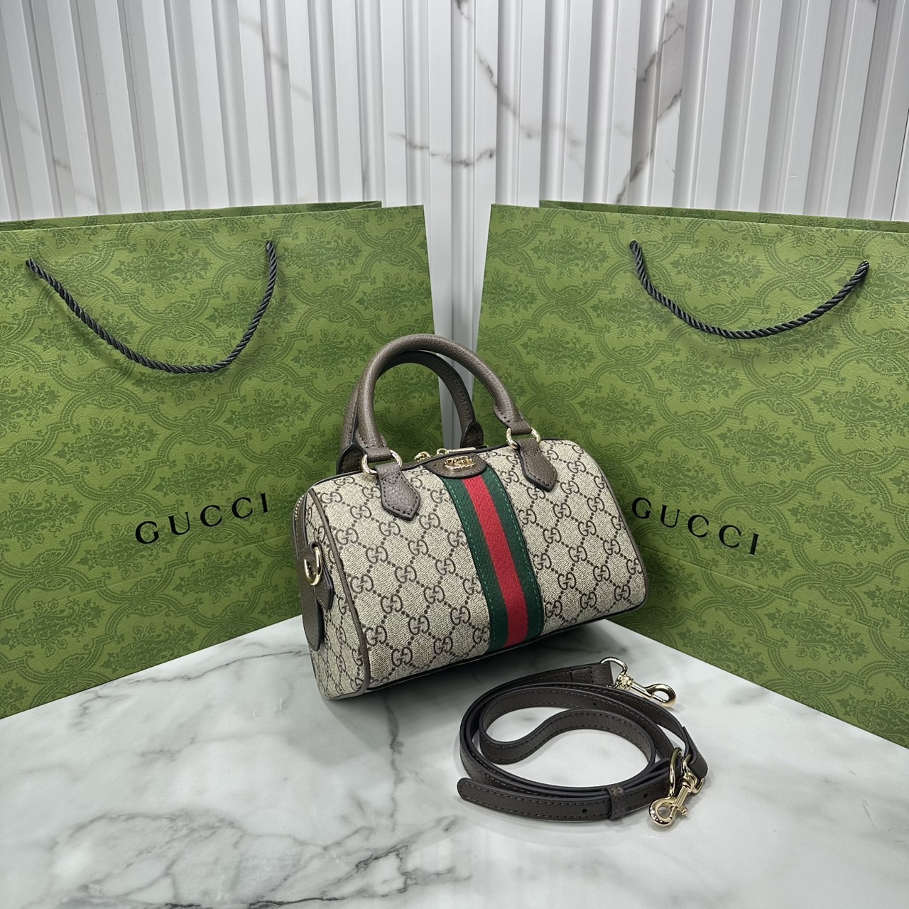 ORI หนังแท้ | Gucci Ophidia boston bag GG Monogram Double G / Gucci Keepall Bag กระเป๋าสะพายทรงหมอนบอสตัน รูปทรงใช้งานง่าย ฟังก์ชั่นการใช้งานที่ได้รับการตีความใหม่