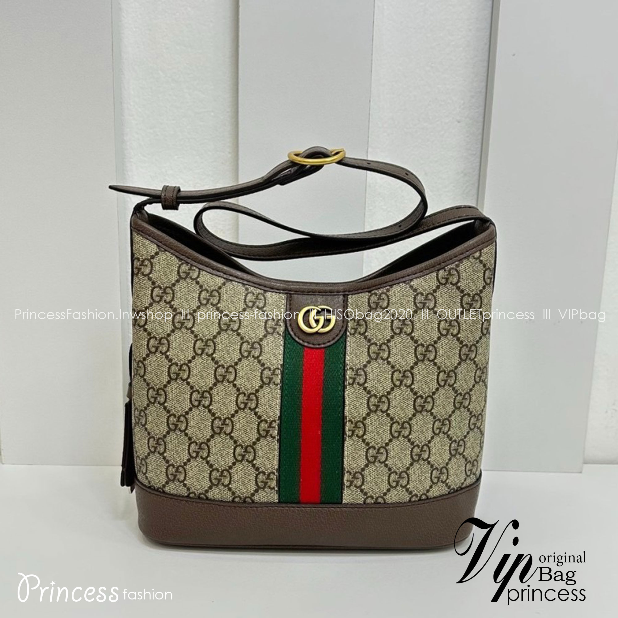 9" GUCCI OPHIDIA GG SMALL SHOULDER BAG Beige and ebony GG Supreme canvas Brown leather trim กระเป๋าสะพายไหล่ อะไหล่ทองหรูหรา