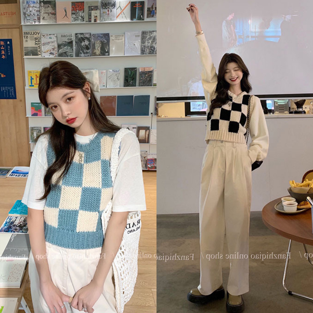 พร้อมส่ง 2 สี 🧀🐝 Gana tops เสื้อกั๊กไหมพรมลายตารางหมากรุก (IN35875)