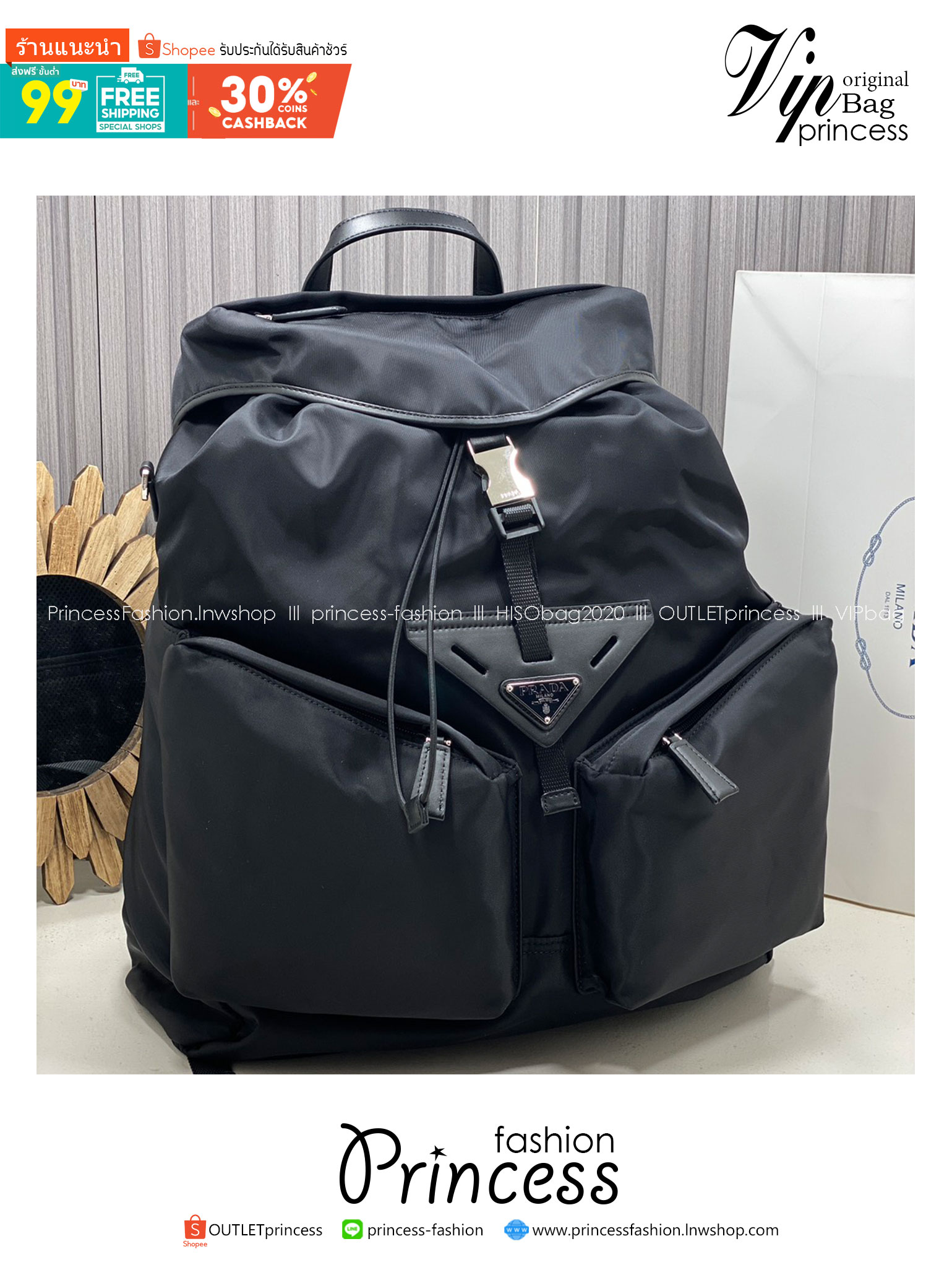 ORI หนังแท้ | Prada Re-Nylon and leather backpack กระเป๋าสะพายหลัง เป้ผ้าไนลอนรูปทรงเรขาคณิตเรียบหรู สถาปัตยกรรมและเส้นสาย ผสมผสานรูปทรงและวัสดุที่ตัดกันอย่างลงตัว