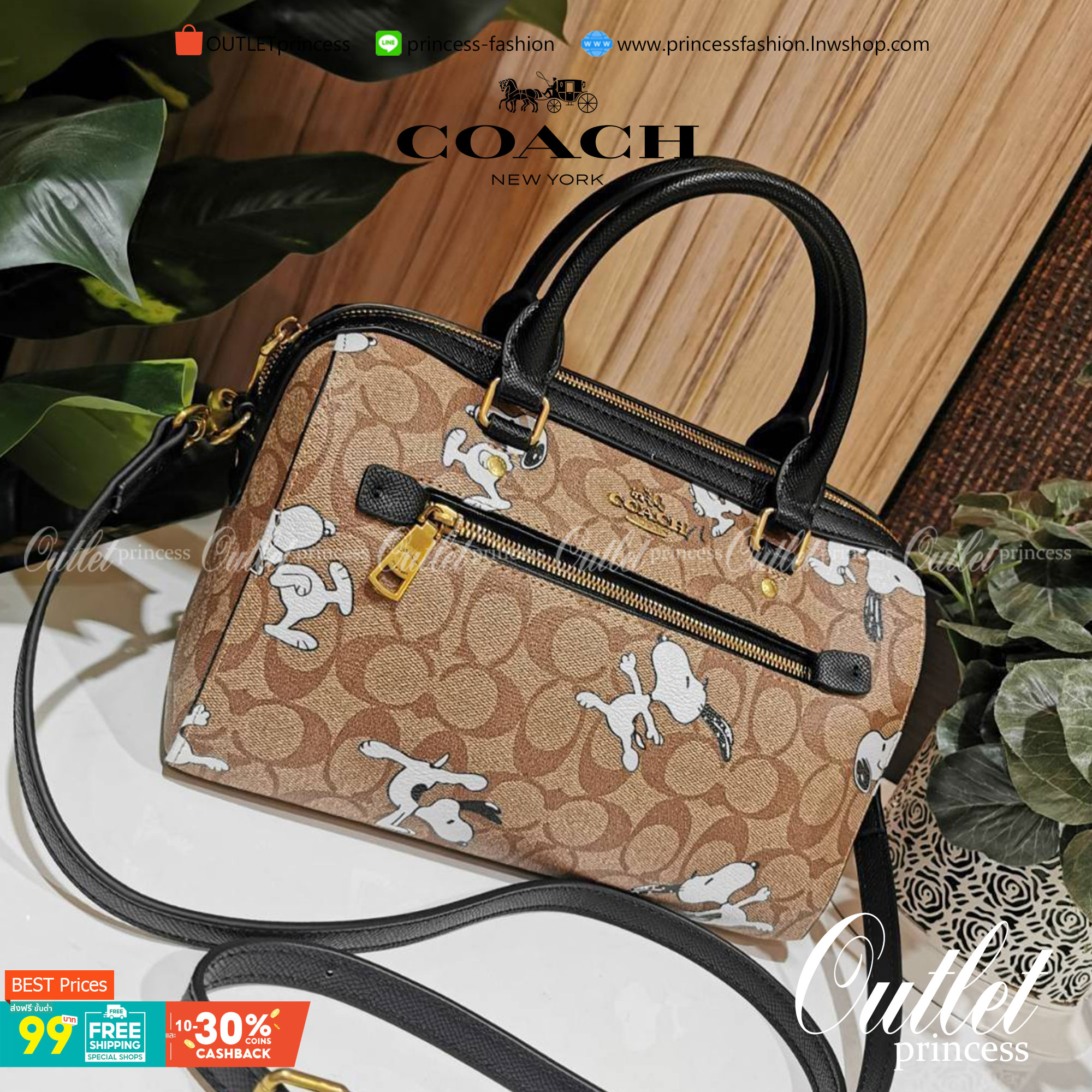 COACH FACTORY BOSTON BAG IN SIGNATURE X SNOOPY COLLECTION กระเป๋าถือหรือสะพายคอลเลคชั่นพิเศษจาก Coach Factory วัสดุ Signature refined calf leather หนังแท้ลายคอลเลคชั่น Snoopy เทคเจอร์สวยอยู่ทรง ดีไซน์ยอดนิยม ด้านหน้ามีโลโก้และช่องซิปแบรนด์ ช่องหลักเปิดปิด