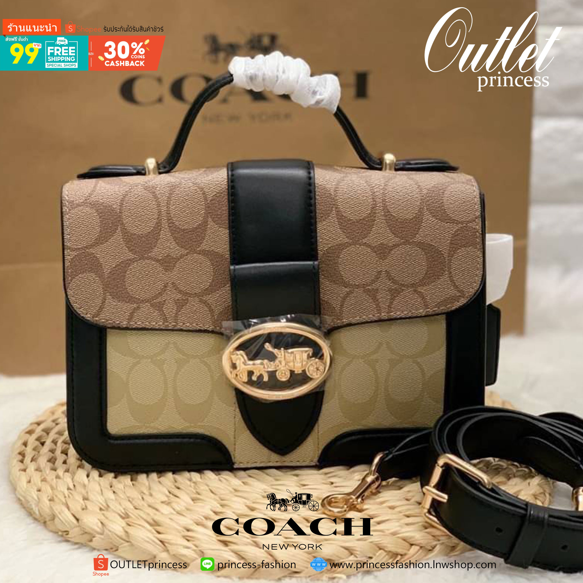 ของแท้ 💯% COACH SMALL GEORGIE TOP HANDLE IN BLOCKED SIGNATURE CANVAS ((6504//0468)) กระเป๋าหิ้ว//สะพายข้างได้ วัสดุหนังแท้