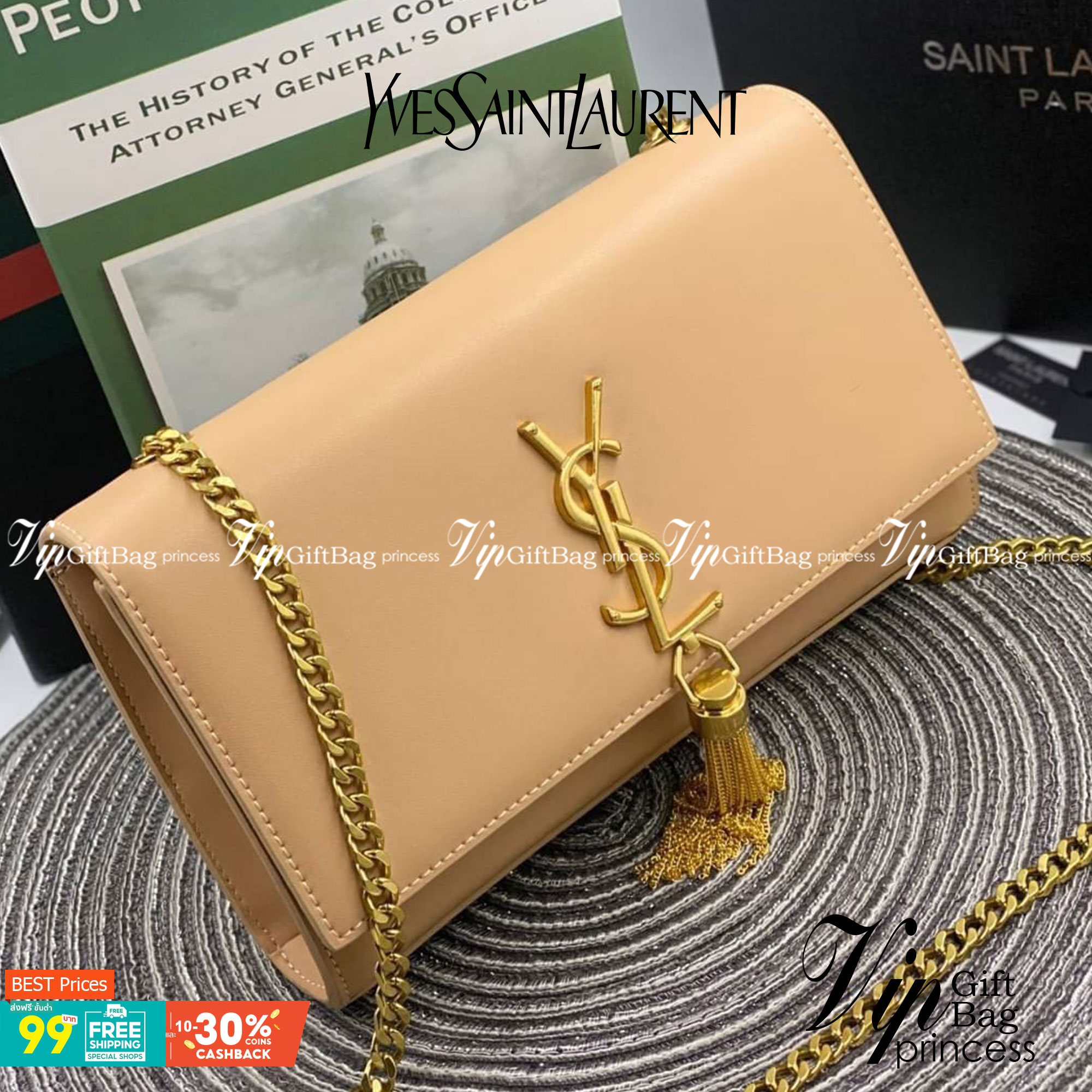 VIP 】หนังแท้ YSL Saint Laurent Monogram Kate Leather Shoulder Bag พร้อมส่งที่ไทย!! สีครีม รุ่นหนังเรียบ อะไหล่ทอง