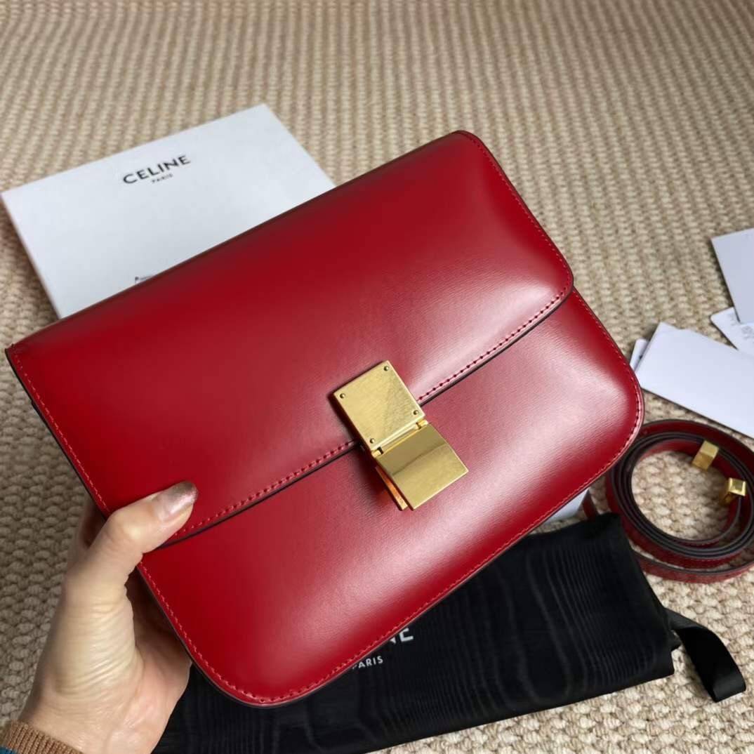 CELINE Medium Classic bag in box calfskin เกรดออริจินอล กระเป๋าสะพายแบรนด์เนมซีลีนหนังแท้ อะไหล่ทองหรู งานหนังเรียบ สวยหรู