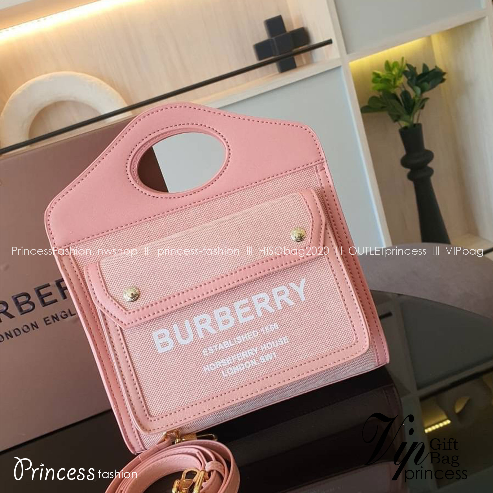 BURBERRY Mini Pocket Bag in Bright Red/dusky Pink / BURBERRY FRAGRANCES MINI TOTE BAG ตัวกระเป๋าเป็นผ้าตัดหนัง Lambskin นิ่มสวยหรูดูดี สีสันพาสเทล **น่ารักมากๆ มีช่องกระเป๋าหน้าเล็กให้1ช่อง ภายในช่องหลักโล่งกว้าง