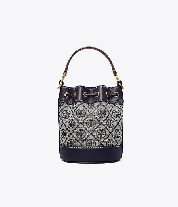 ของแท้ 💯% 】Tory Burch Monogram Jacquard Mini Bucket Bag กระเป๋าถือหรือสะพายไหล่ วัสดุผ้า Canvas โลโก้ Jacquard ทรงถัง ตั้งอยู่ทรง กระเป๋าปักลายแบรนด์ สวยหรู