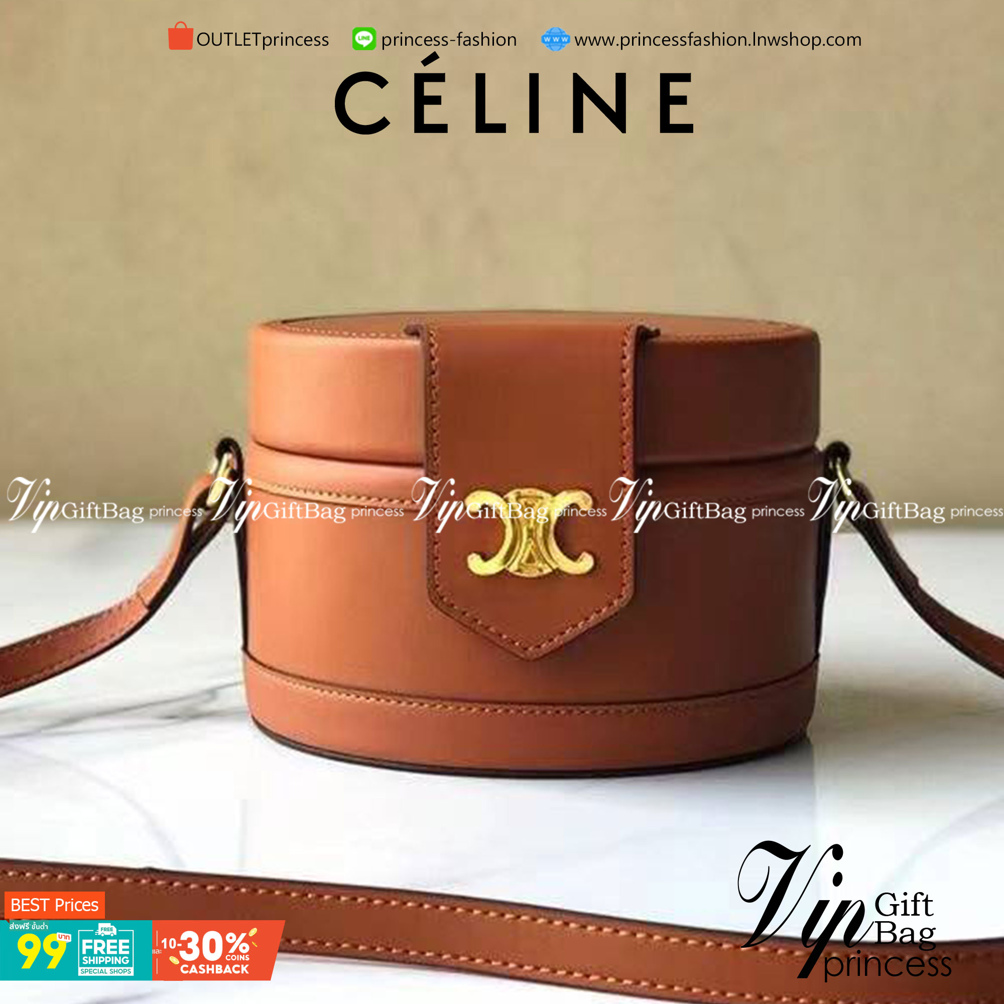 CELINE MEDIUM TAMBOUR IN SMOOTH CALFSKIN BAG กระเป๋าทรงกลมสวยหรูอยู่ทรงเปิดปิดด้วยฝาปิดกระดุมโลโก้แบรนด์ ภายในโล่ง