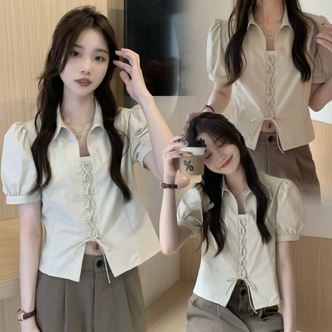 พร้อมส่ง 🏄🏻♀️🎀 Cross the ribbon blouse เสื้อสีครีมแต่งเชือกไขว้ (IN37397)
