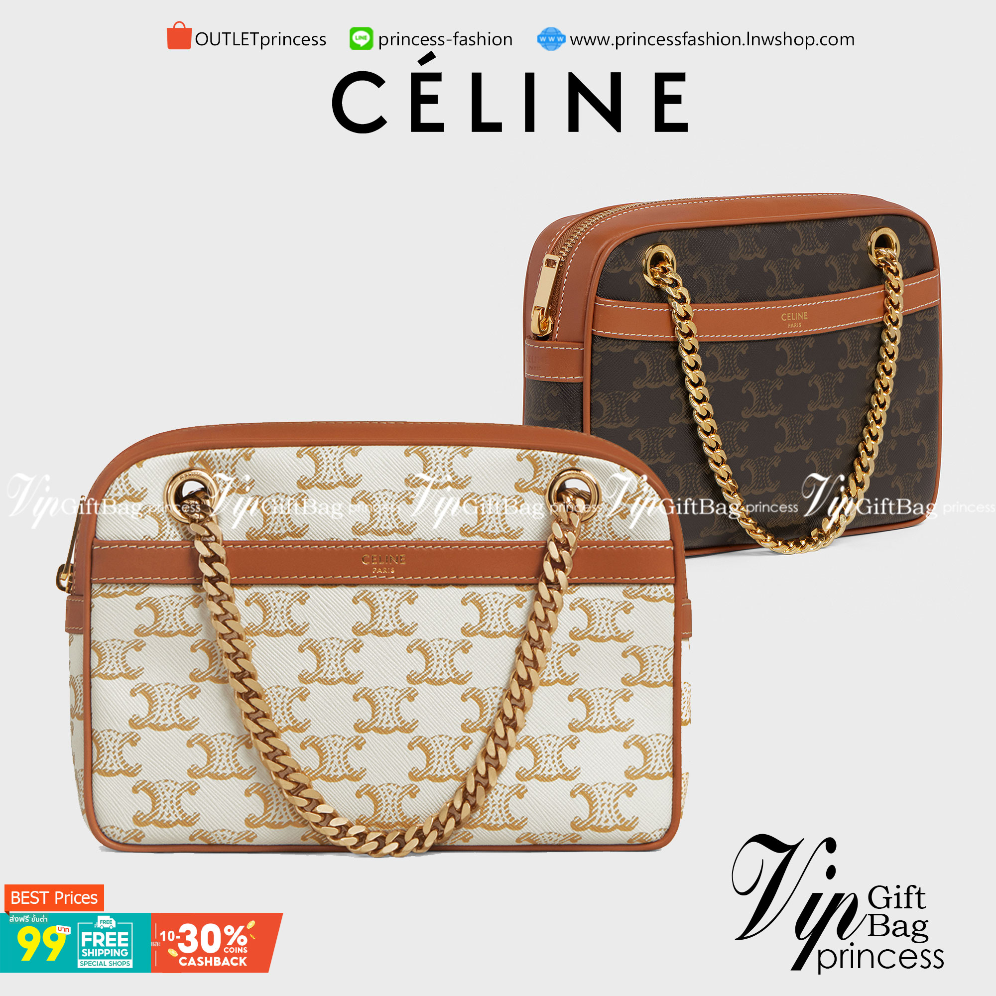 VIP GIFT 】หนังแท้ CELINE SMALL PATAPANS IN TRIOMPHE CANVAS AND CALFSKIN ดีไซน์สวยหรูฮิตสุดในเกาหลี! หนังสวยอยู่ทรง เปิดปิดด้วยซิปแบรนด์สีทอง ภายในโล่งกว้างและจุสามารถใส่มือถือ กระเป๋าสตางค์ ของใช้ได้เยอะ สายสะพายโซ่อะไหล่ทองหรูเลื่อนได้จะใช้สายคู่สะพายไหบ
