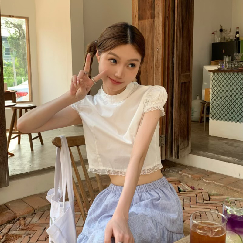 พร้อมส่ง 🍒 Cipher blouse เสื้อคอจีนแต่งลูกไม้น่ารักมาก (IN38653)
