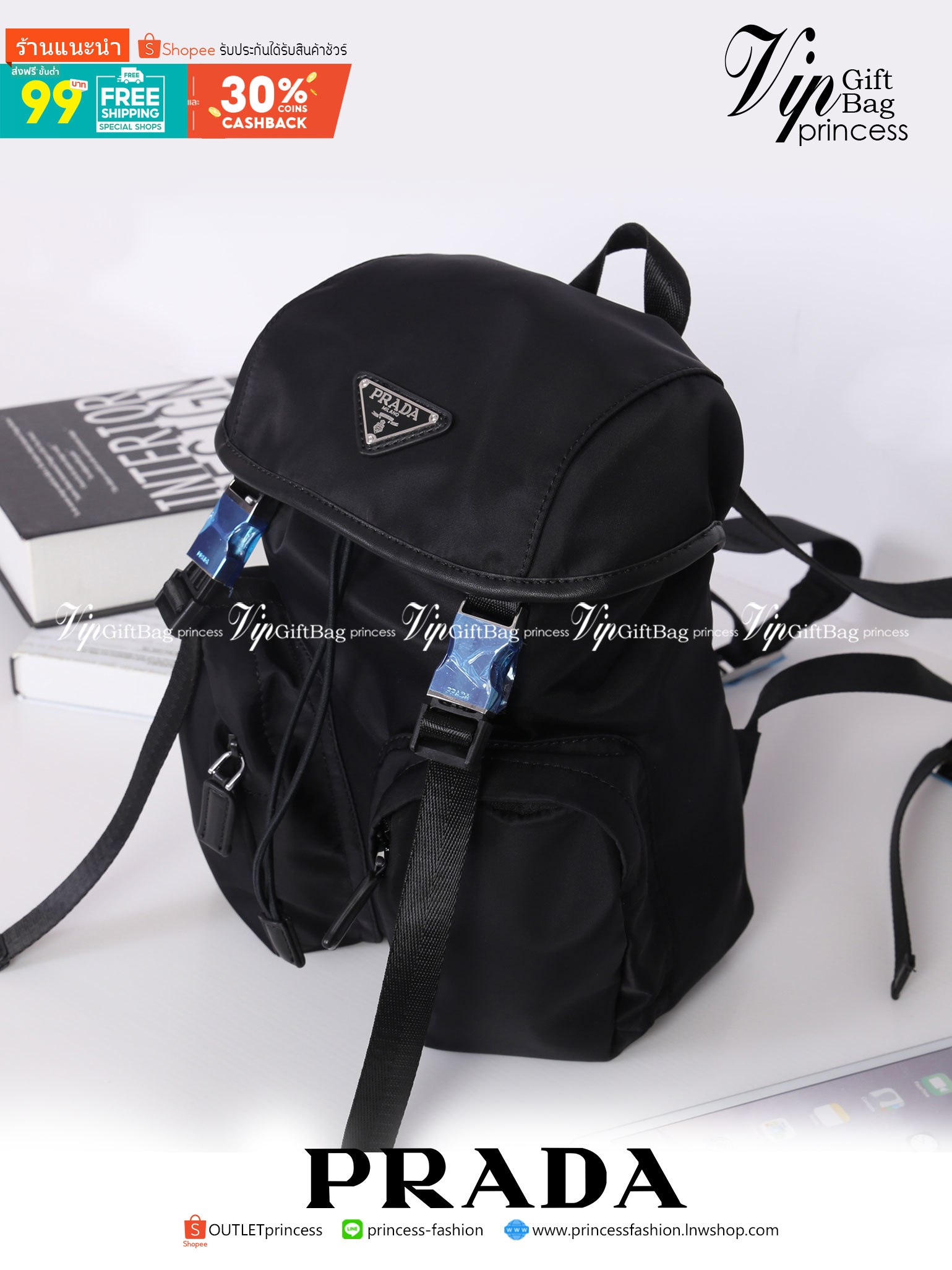 PRADA NYLON MINI BACKPACK สินค้า Premium gift จากเค้าเตอร์แบรนด์ต่างประเทศ รุ่น Limited edition กระเป๋าสะพายเป้ Size mini ขนาดกำลังน่ารัก ที่ฮ๊อตสุดๆ วัสดุเป็น Nylon เนื้อหนา คุณภาพดี ขนาดกะทัดรัด พกพาสะดวก น้ำหนักเบา ด้านหน้าติดโลโก้แบรนด์ อะไหล่เงินสวยห