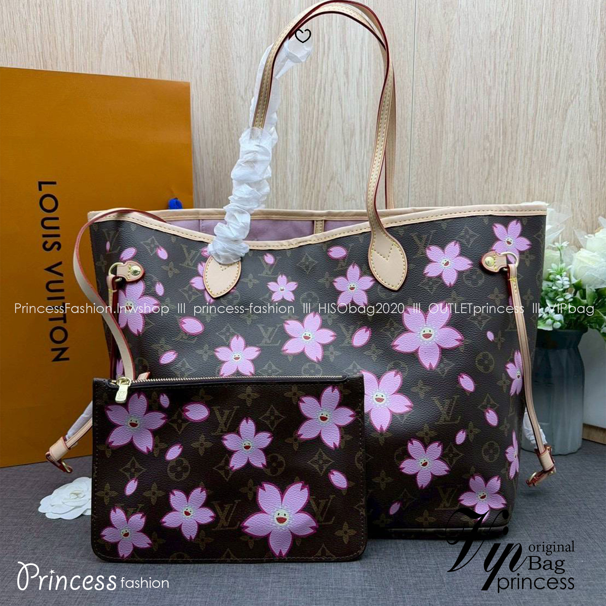 ORI หนังแท้ | LV x TM Neverfull MM Bag Monogram Sakura Brown / LV Tote Bag กระเป๋าสะพายทรงโท้ทใบใหญ่ ลายดอกไม้ซากุระแสนหวาน