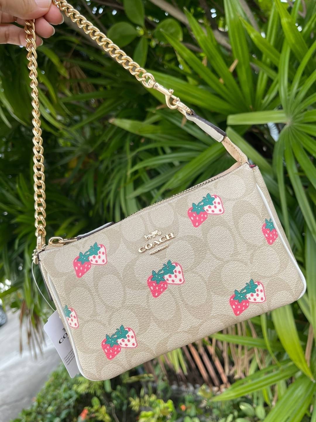 OUTLET 】Coach Signature Top Handle Coach Pouch with Strawberry, Watermelon, Ladybug พร้อมส่งที่ไทย เป็นอีกรุ่นหนึ่งที่ได้รับความนิยมในหมู่สาว ๆ ค่ะ นอกจากราคาจะไม่สูงแล้ว ยังมีรูปทรงที่น่าสนใจอีกด้วย กะทัดรัดแต่ใช้งานง่าย เหมาะกับทุกโอกาส สำหรับกระเป๋าคล้