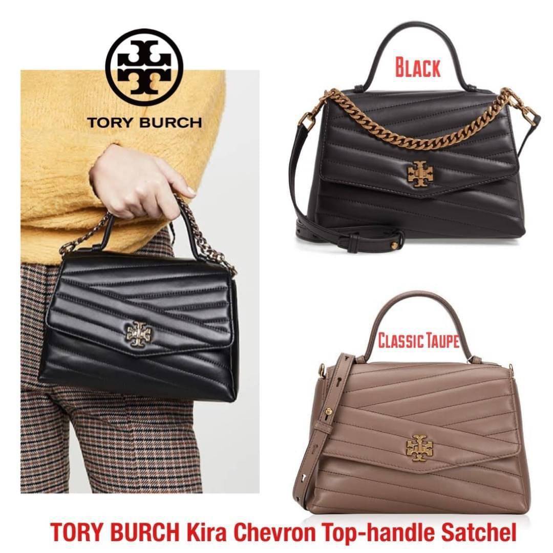 TORY BURCH Kira Chevron Top-handle Satchel กระเป๋าหนังแกะ สัมผัสนุ่มควบคู่กับดีไซน์อันเป็นเอกลักษณ์ กระเป๋าถือทรงสวยที่มีดีไซน์อันเป็นเอกลักษณ์ไม่เหมือนกับที่ไหน ด้วยการตัดเย็บหนังแกะแสนนุ่มแบบลายบุสองชั้น เพิ่มมูลค่าด้วยสายสะพายที่ทำจากโลหะสีทอง อีกทั้งย