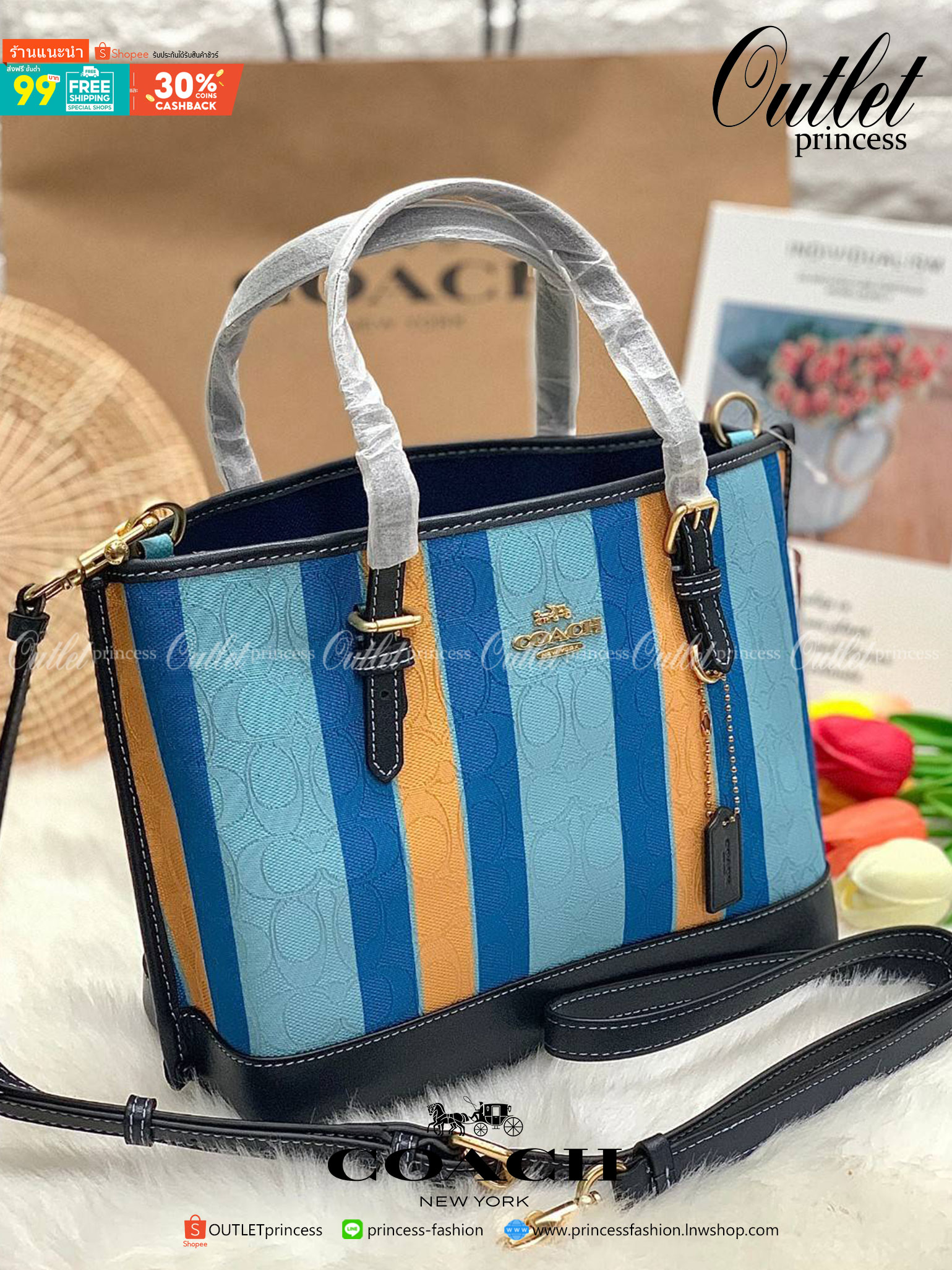 COACH C4086 MOLLIE TOTE 25 IN SIGNATURE JACQUARD WITH STRIPES แจกความสดใสด้วยลุคคัลเลอร์ฟูล กระเป๋าทรงโท้ท มินิไซส์ ตกแต่งลายเอกลักษณ์ถักทออยู่บนผ้า jacquard ตัดกับลายเส้นสีสันสวยงาม ลงตัวไม่ซ้ำใคร ภายในเป็นช่องโล่ง มีช่องซิปกลางใส่ของได้ ขนาดกำลังดีแบบใส