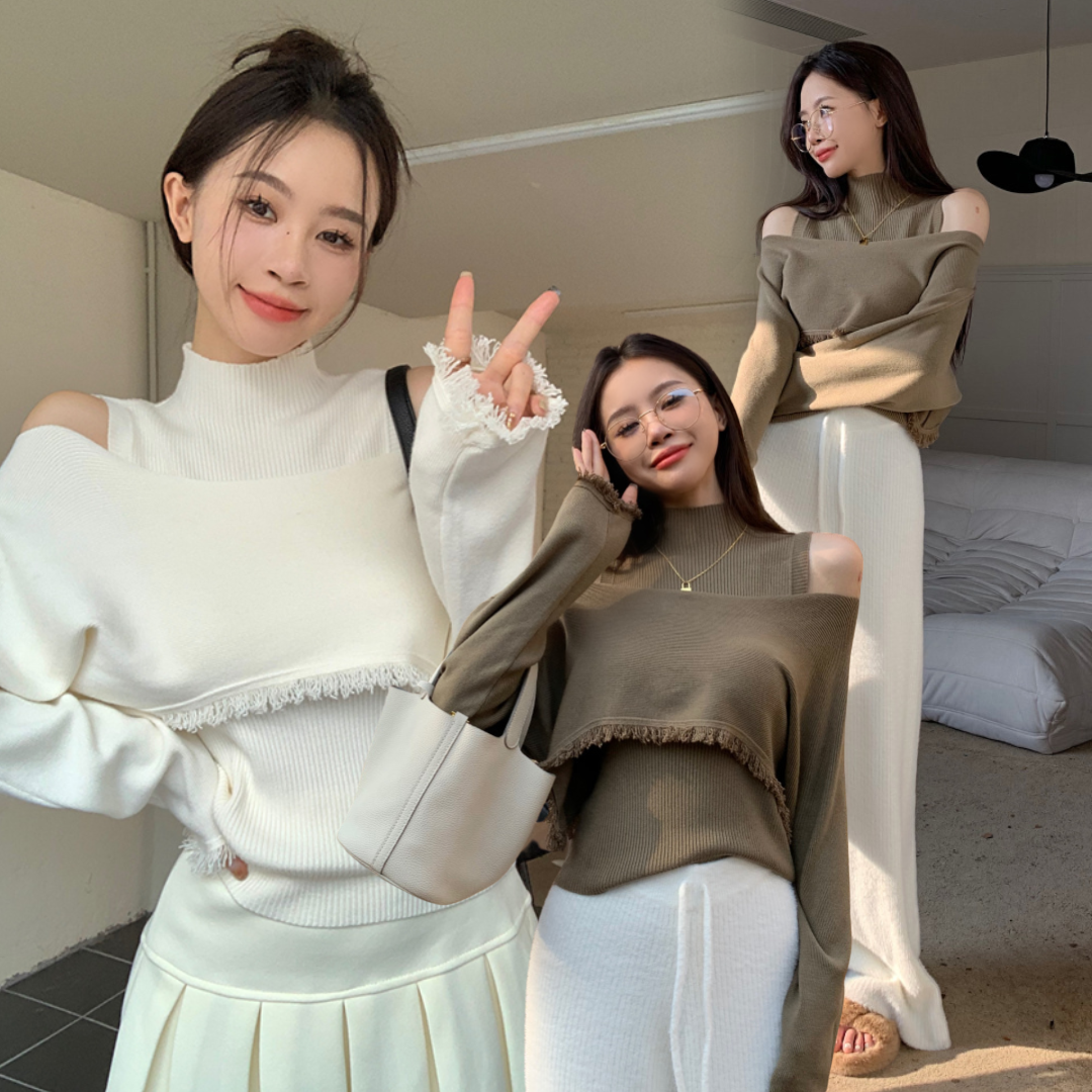 พร้อมส่ง 🧵 Layni set เสื้อแขนกุดคอเต่า+เสื้อคลุมแขนยาวแต่งปลายแขน (IN38339)