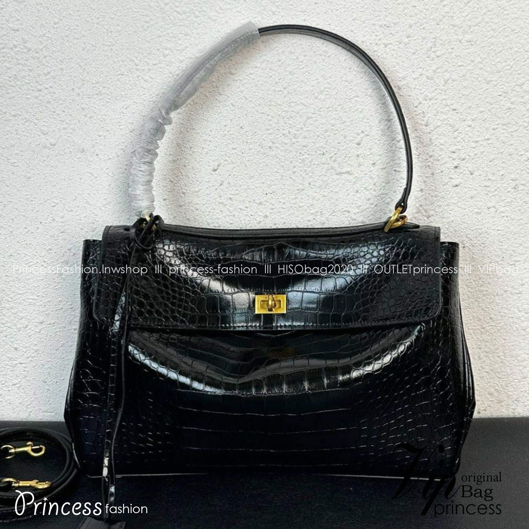 Top ORI Balenciaga RODEO LARGE HANDBAG CROCODILE EMBOSSED IN BLACK กระเป๋าถือใบใหญ่ สวยหรูด้วยหนังลายจรเข้ เกรดออริ 1:1