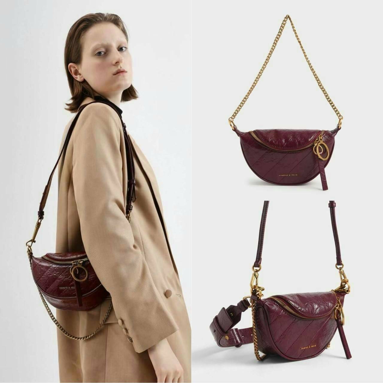 CHARLES & KEITH WRINKLED EFFECT RING ZIP TASSEL CROSSBODY BAG กระเป๋าสาระพัดประโยชน์ ใช้คาเอว คาดอก หรือจะสะพายแบบครอสบอดี้ได้ค่า 💥💥 มีโลโก้แบรนด์ที่ด้านหน้า เปิดปิดแบบซิปคู่เก๋ๆ ด้านในมีช่องใส่บัตรได้ 3 ช่อง รุ่นนี้ใส่ iPhone plus ได้พอดี