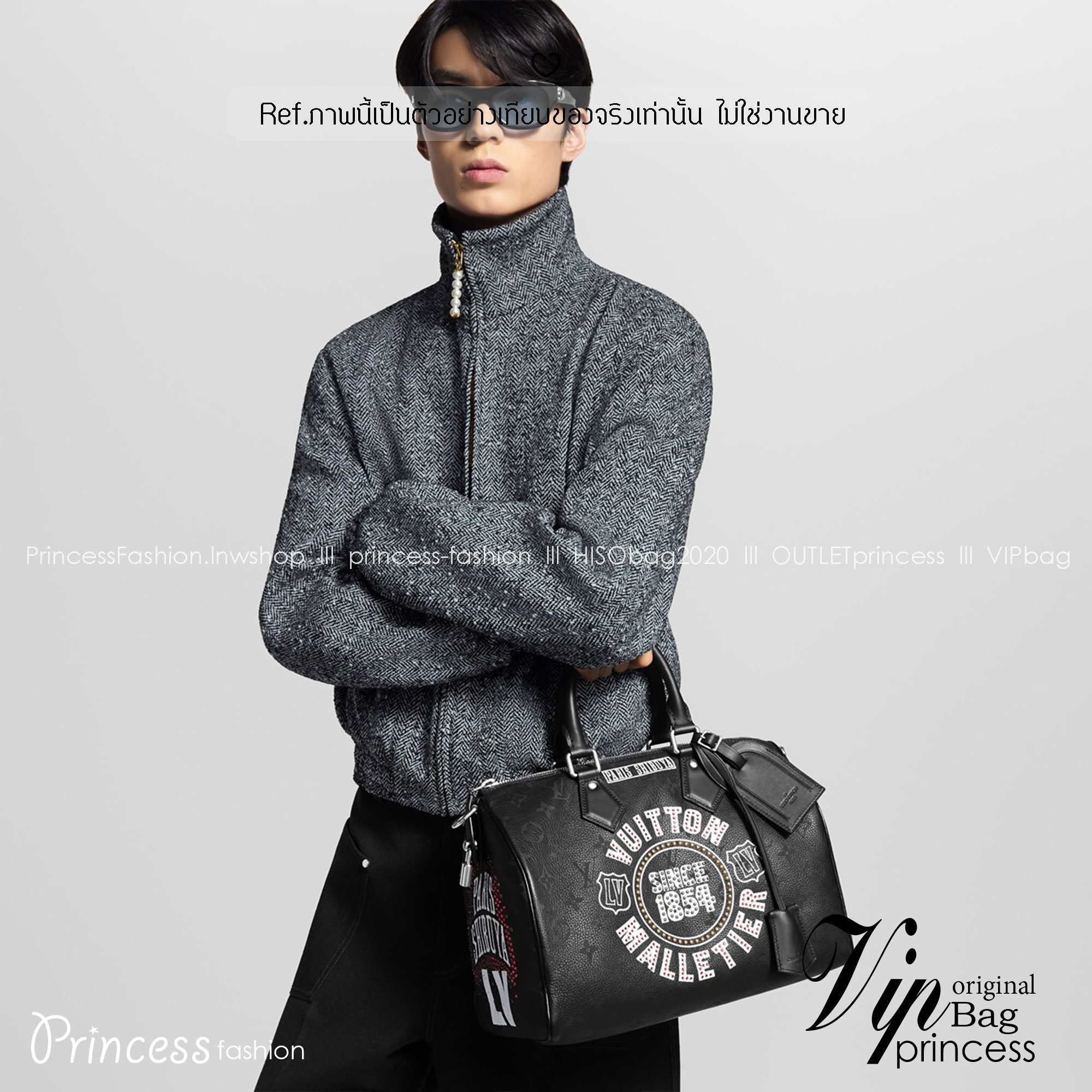 ORI หนังแท้ | LV Speedy P9 Bandoulière 30 Jackets กระเป๋าสะพายทรงหมอนสปีดี้ หนังสีดำสะท้อนถึงสไตล์ร็อค ประดับด้วยคริสตัล Swarovski® สีแดงอันโดดเด่น