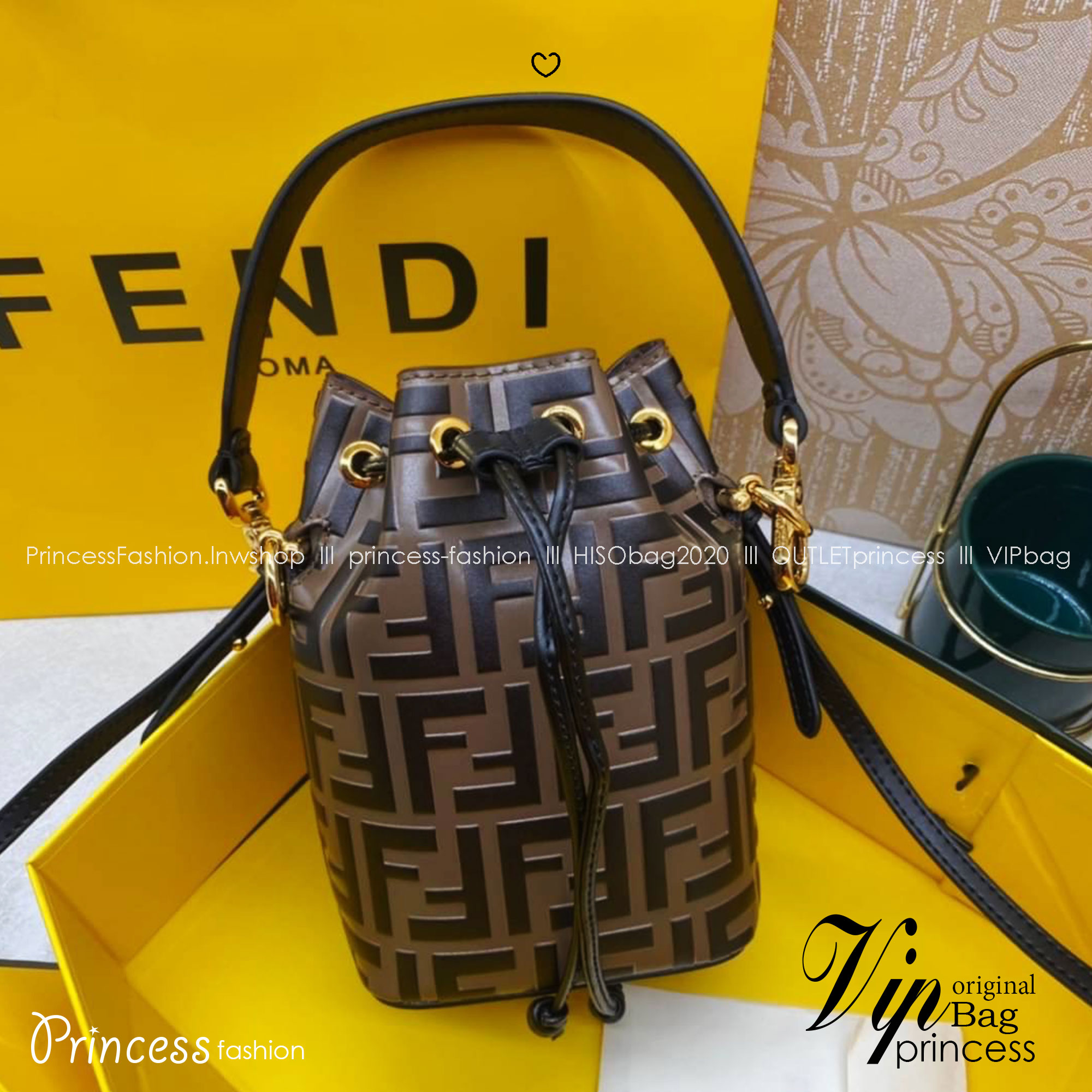 FENDI Mon Tresor Brown leather mini bag / FENDI Bucket Bag กระเป๋าสะพายทรงบัคเก็ต ไซส์มินิ รุ่นยอดนิยม เกรดออริ 1:1 ใช้ต่างประเทศได้